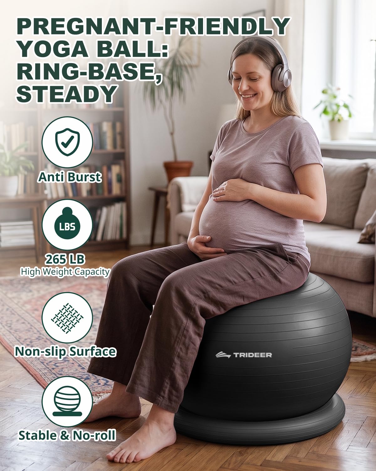 Trideer Yoga-Ball-Stuhl mit Basis für Heimbüro-Schreibtisch, Stabilitäts- und Fitnessballsitz zur Linderung von Rückenschmerzen, Heim-Fitness-Studio-Workout für Bauchmuskeln, Schwangerschaftsball mit