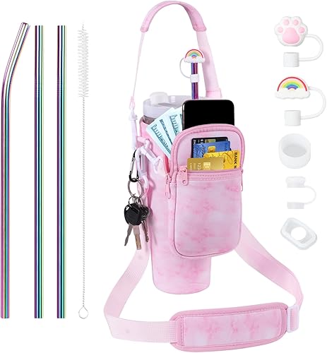 Bolsa de transporte 3 en 1 para botella de agua con bolsillo para vasos Stanley de 40 onzas, soporte para botella de agua con correa para accesorios