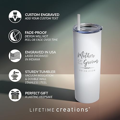 Miniatura 3 de Lifetime Creations Vaso de acero inoxidable delgado grabado para madre del novio con pajita, 20 onzas (blanco)