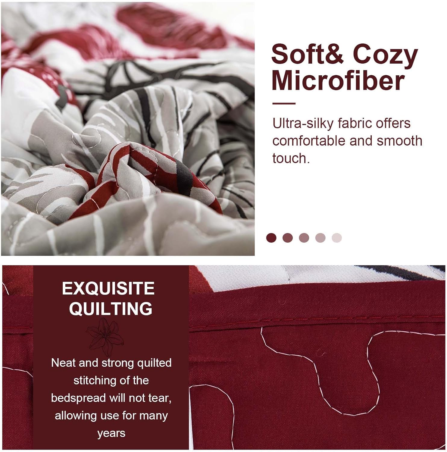 DJY Christmas Red Quilt Set Queen 3 Pieces Floral Bedding Quilt Set Soft Botanical Bedspread with 2 Pillow Shams Lightweight Flower Quilt Coverlet Set for All Season 90''x 96'' - Image 7