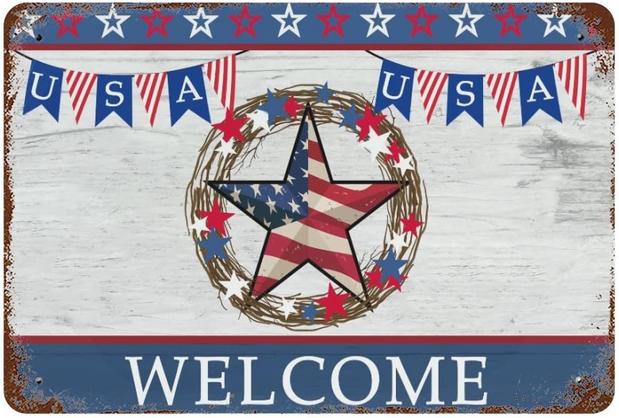 Kwqdozf As Pic American Patriotic 8X12 Inch Metal Tin Sign, Welcome Star Wreath Red Navy B