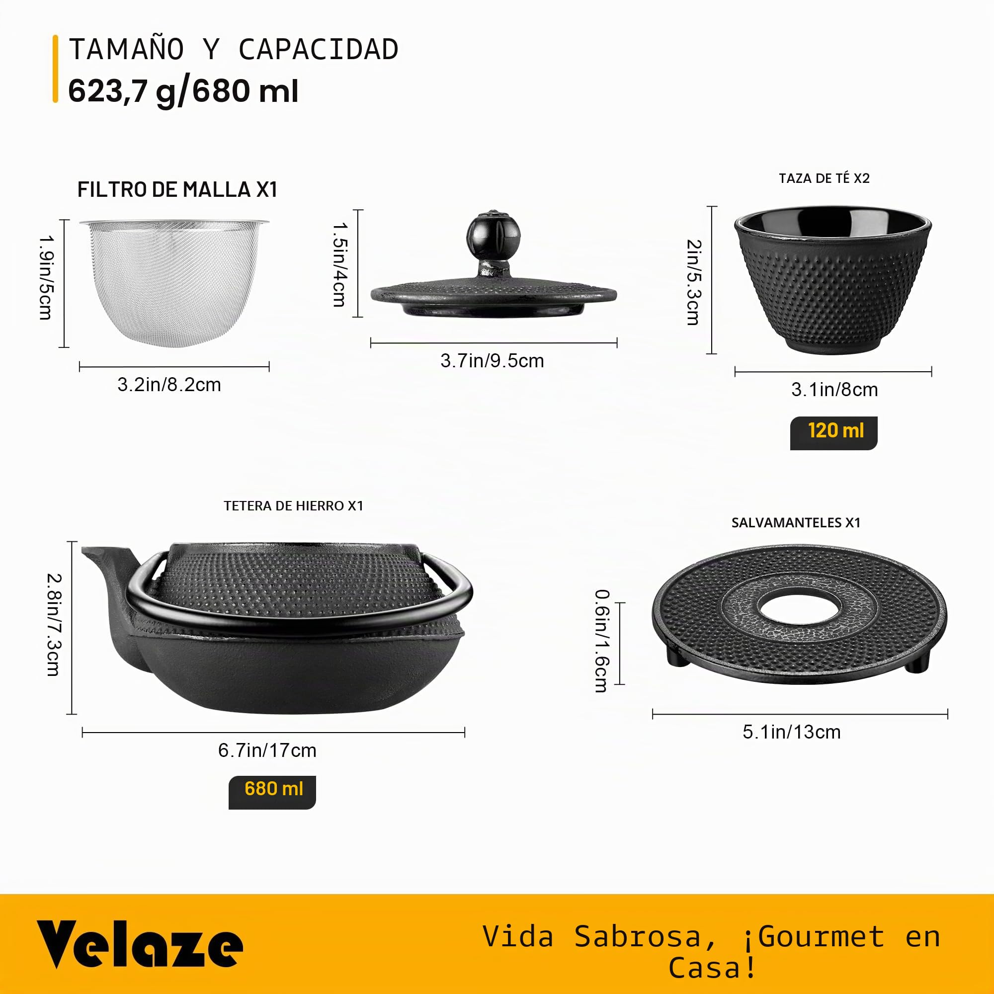 Velaze Juego de tetera de hierro, tetera tradicional japonesa Tetsubin de hierro fundido con infusor de acero inoxidable, diseño antiguo de puntos pequeños, 2 tazas de hierro y bandeja de soporte de