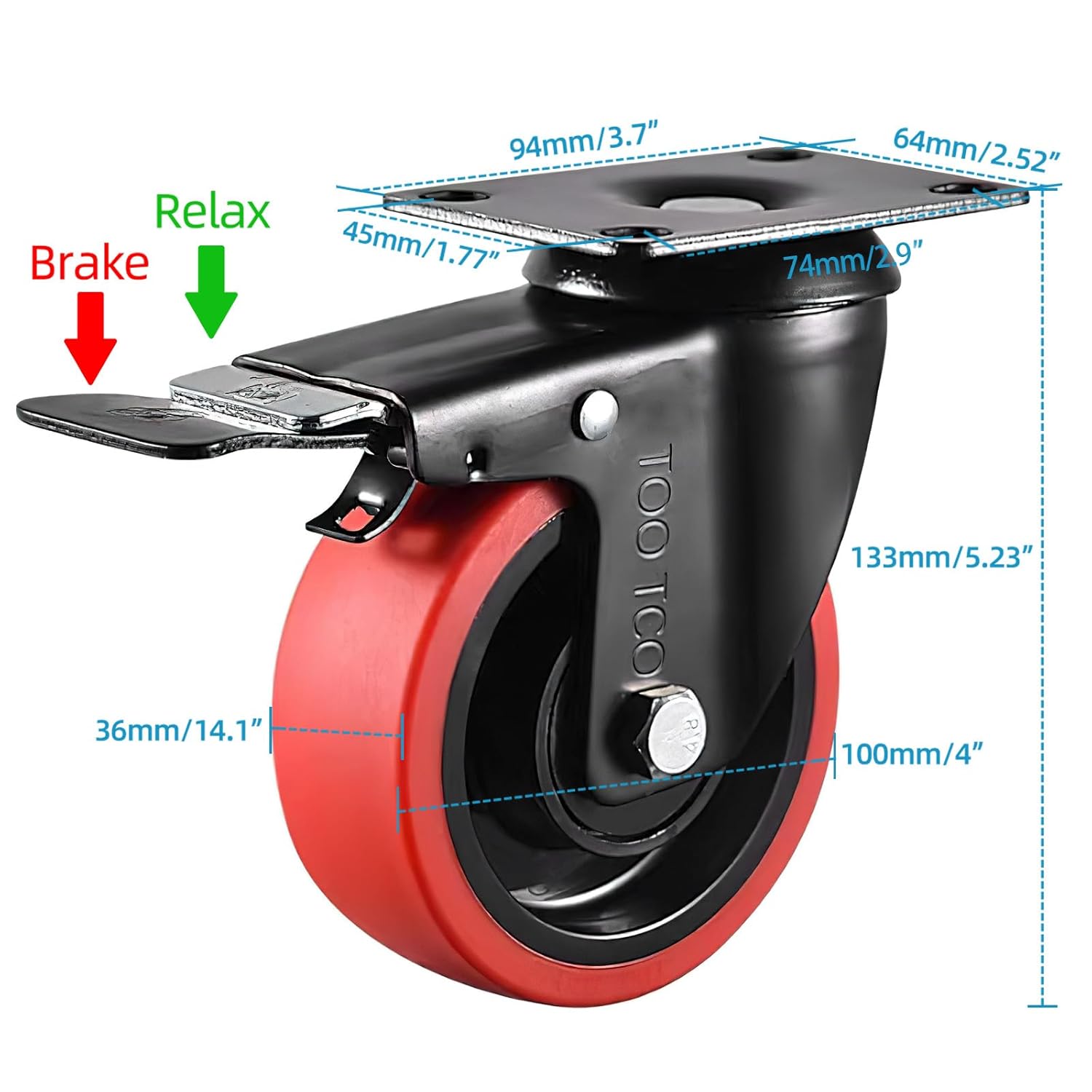 Casters Set of 4 Heavy Duty 4 Inch 4 Brake Caster Wheels Swivel 2200Lbs Capacity Silent TPR Rubber Wheel Locking Industrial Plate Castors for Furniture