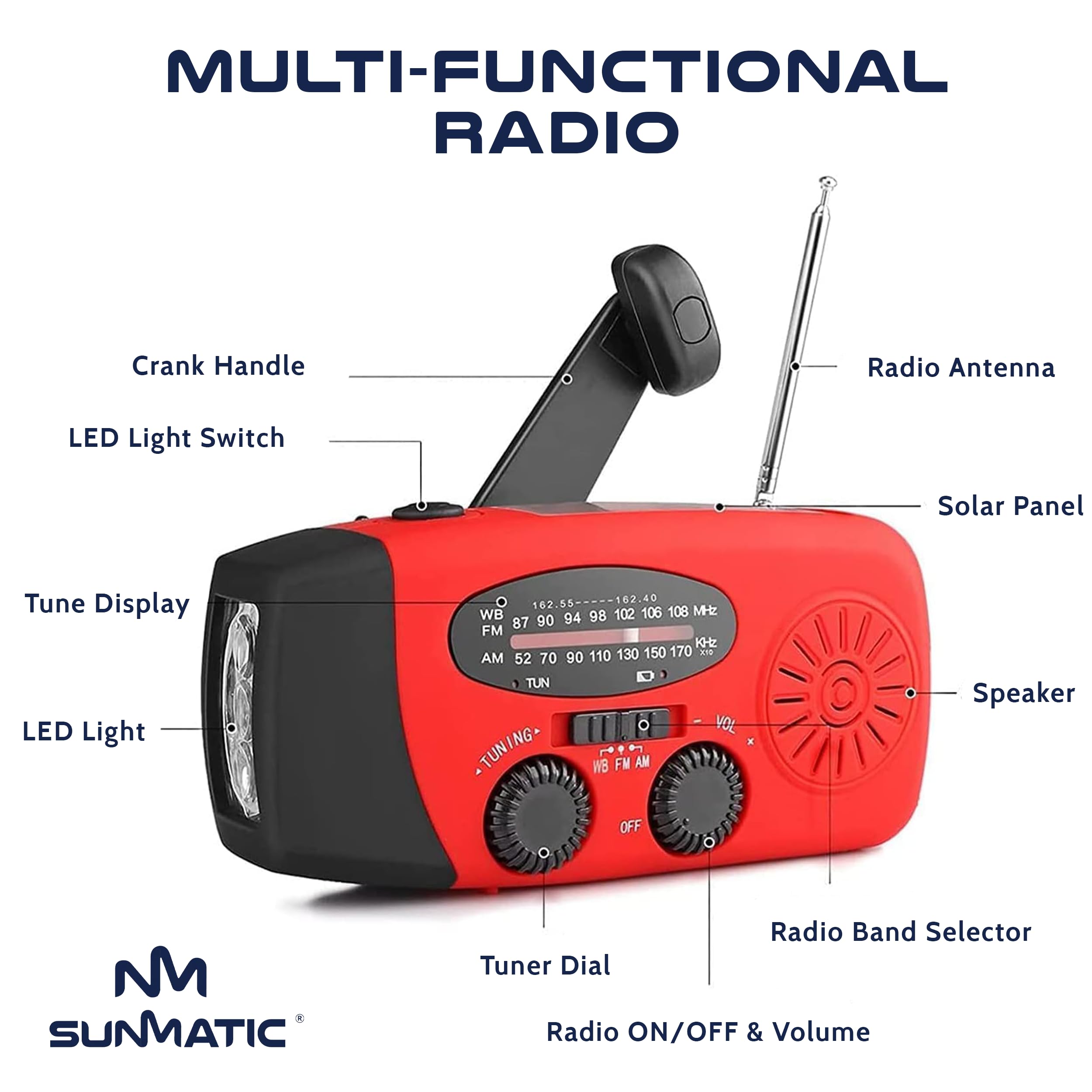 Radio d'urgence Solaire et Dynamo SunMatic – AM/FM Portable avec Lampe LED, Batterie 2000mAh, Charge USB, Radio à Manivelle, Idéal pour Camping, Randonnée, Panne de Courant et Kit de Survie