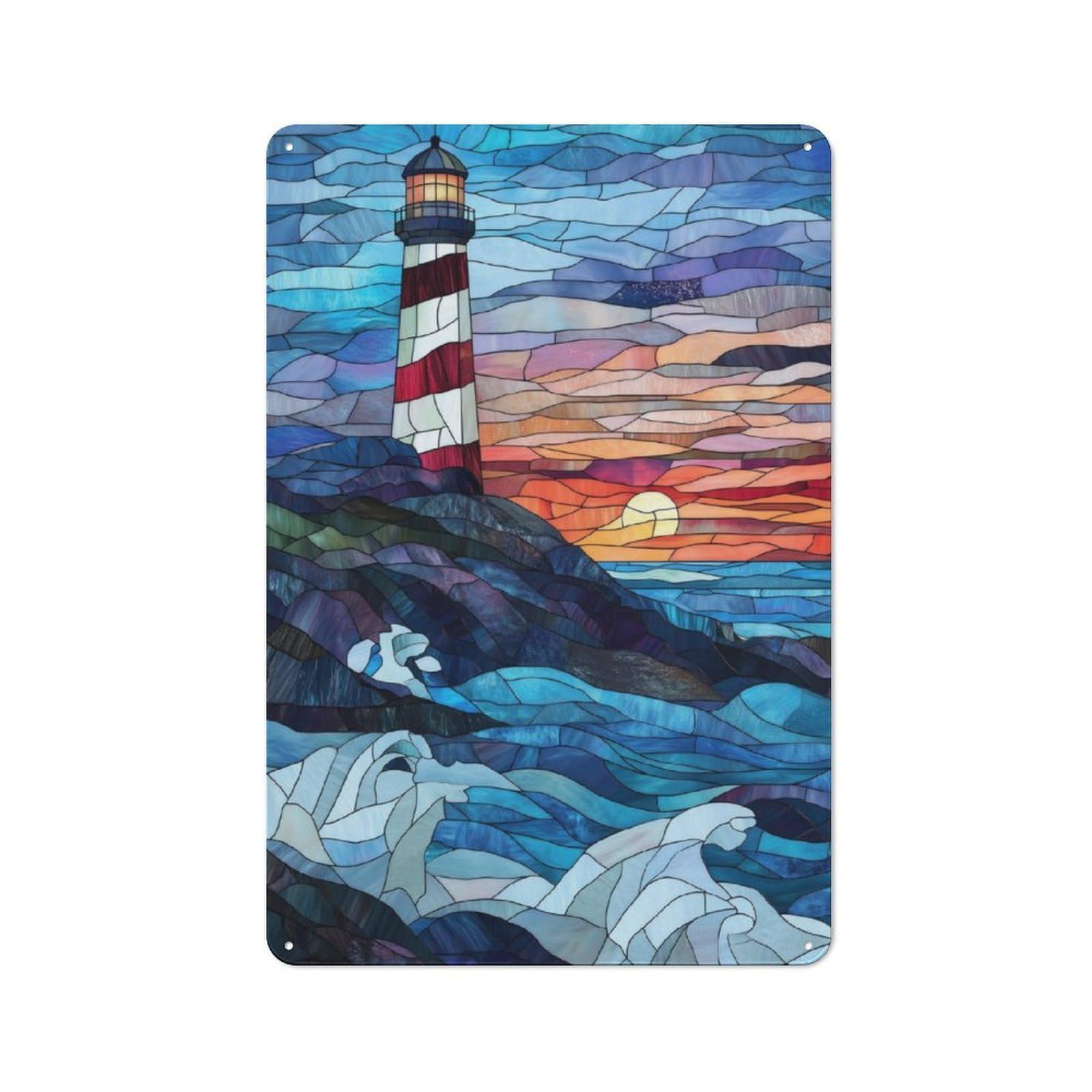 Junmoney Stained Glass Lighthouse Sunset Tin Sign 30X20cm With For Home Bar Wall, Vintage Decor, For Garage, Workshop And Man Cave Decoration