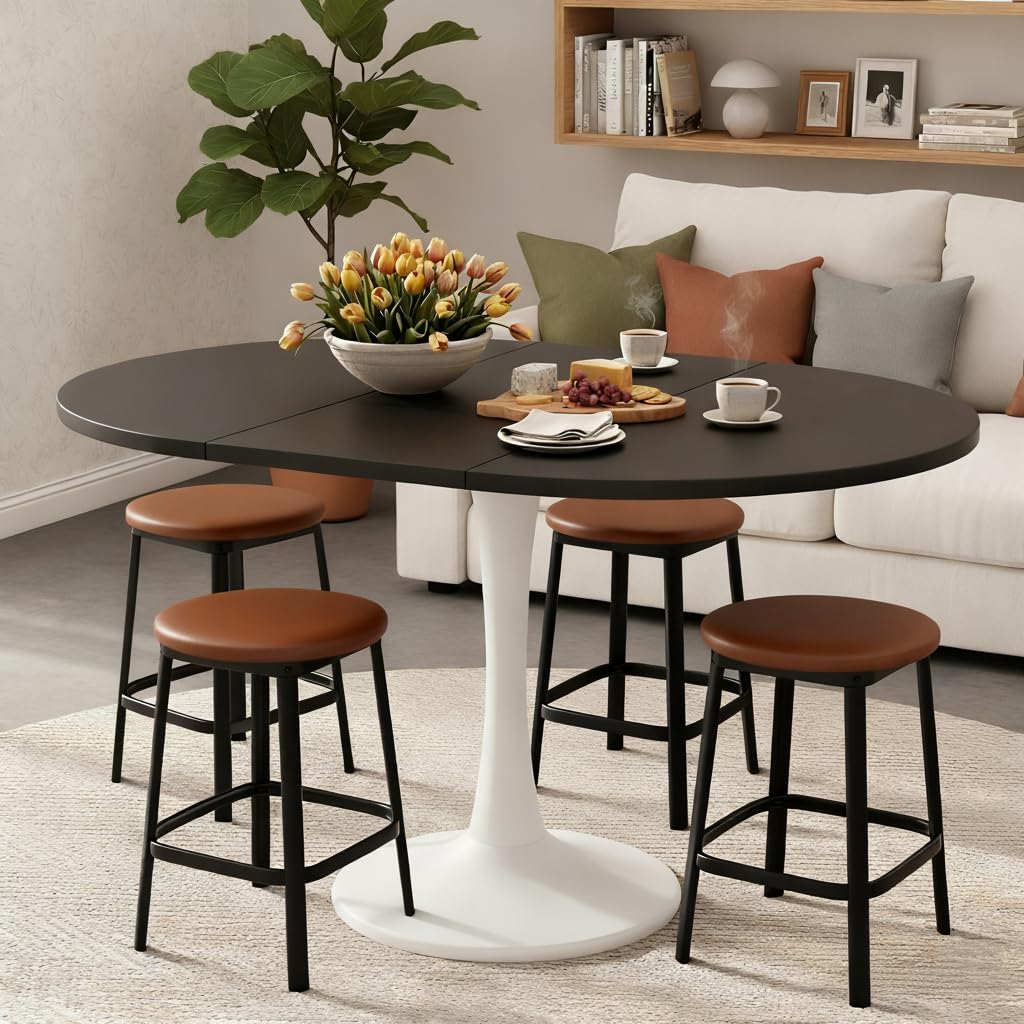 Extendable Dining Table 100-140 cm Oval/Round Seats 2-6 Modern Wooden Design for Living Room & Kitchen Black Top & White Legs Stylish Round Dining Table