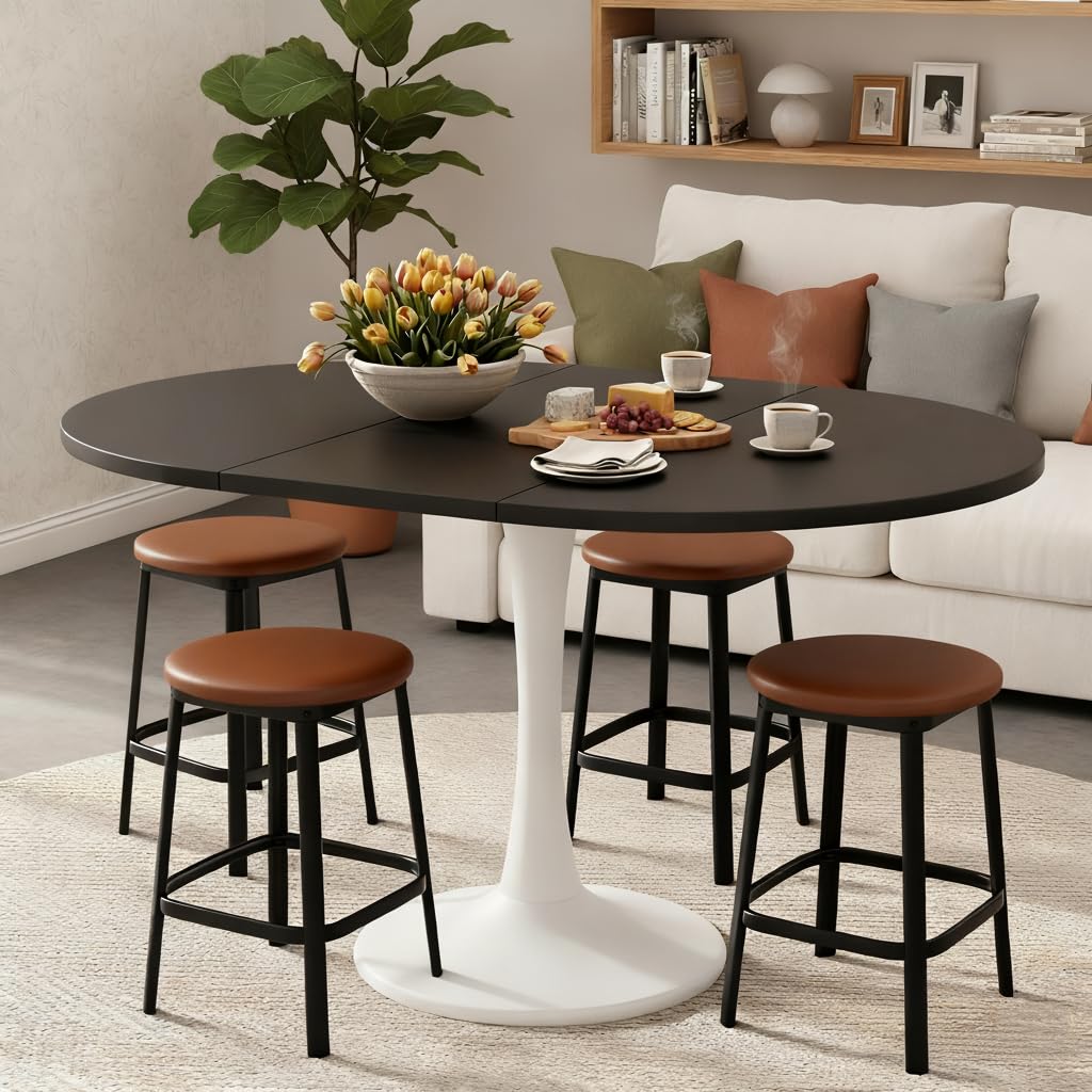 Nowoczesny wysuwany stół do jadalni owalny/okrągły design 100-140 cm drewniany blat czarne wykończenie siedzenia 2-6 idealne do kuchni i salonu stylowe i funkcjonalne rozwiązanie do jadalni