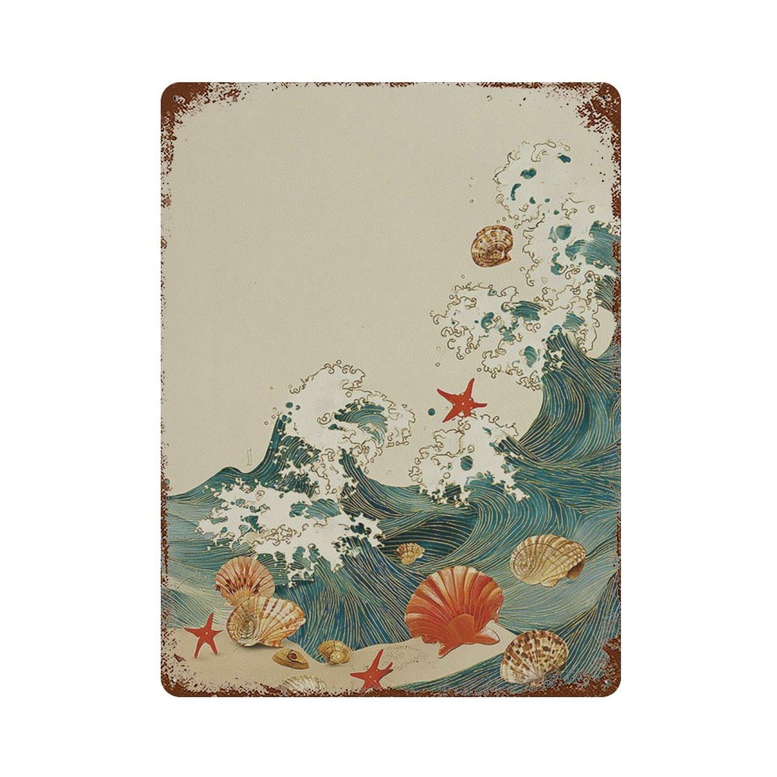 xiaoxiaoshen Ocean Waves Japanese Style Sea Shell And Starfish Coastal Wall Decor Art Metal Tin Poster Modern Home Decor Art Home Bar Shop Decorations Vintage Sign 40x30cm