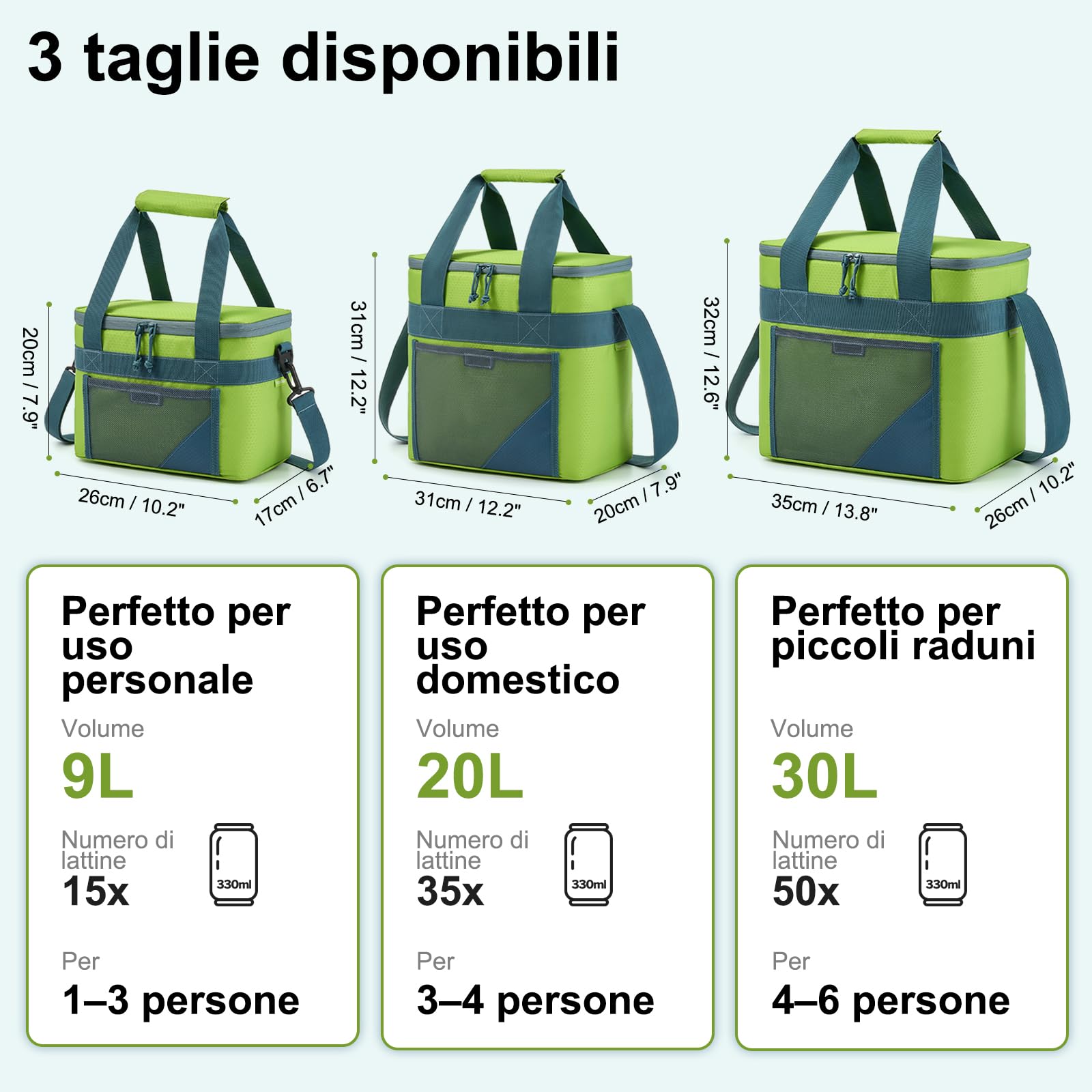 Borsa Termica 30L per Picnic, Campeggio, Spiaggia, Verde | Isolamento termico avanzato, Cinturino imbottito e manici rinforzati