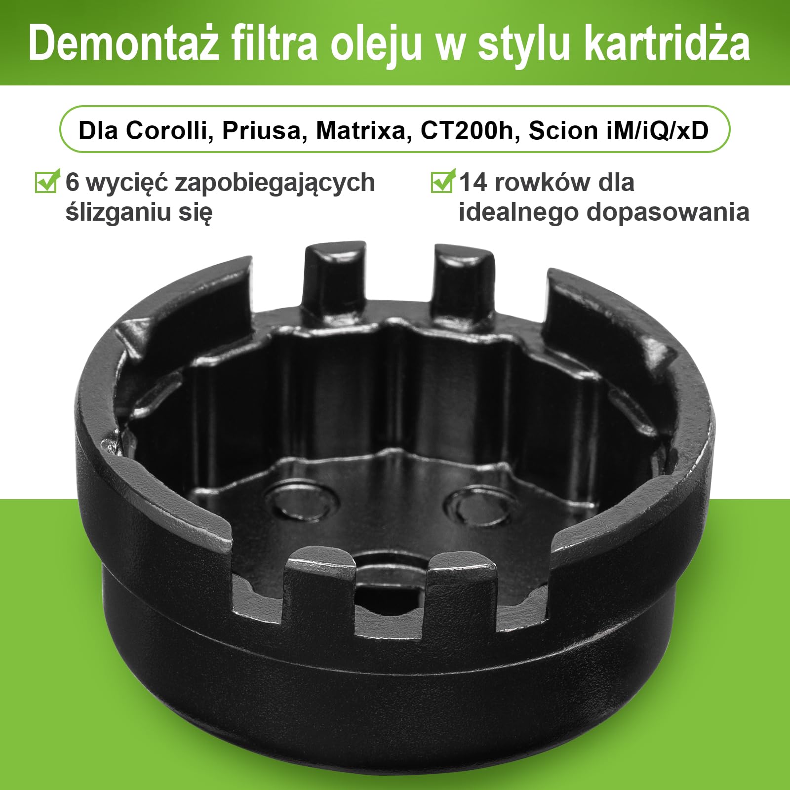Spurtar Klucz do filtra oleju pasuje do Toyota 64mm 14 rowków 6 szczelin | do Corolla, Prius, Prius Prime, Prius V, Matrix, CT200h, Scion iM/iQ/xD, silnik 1.8L