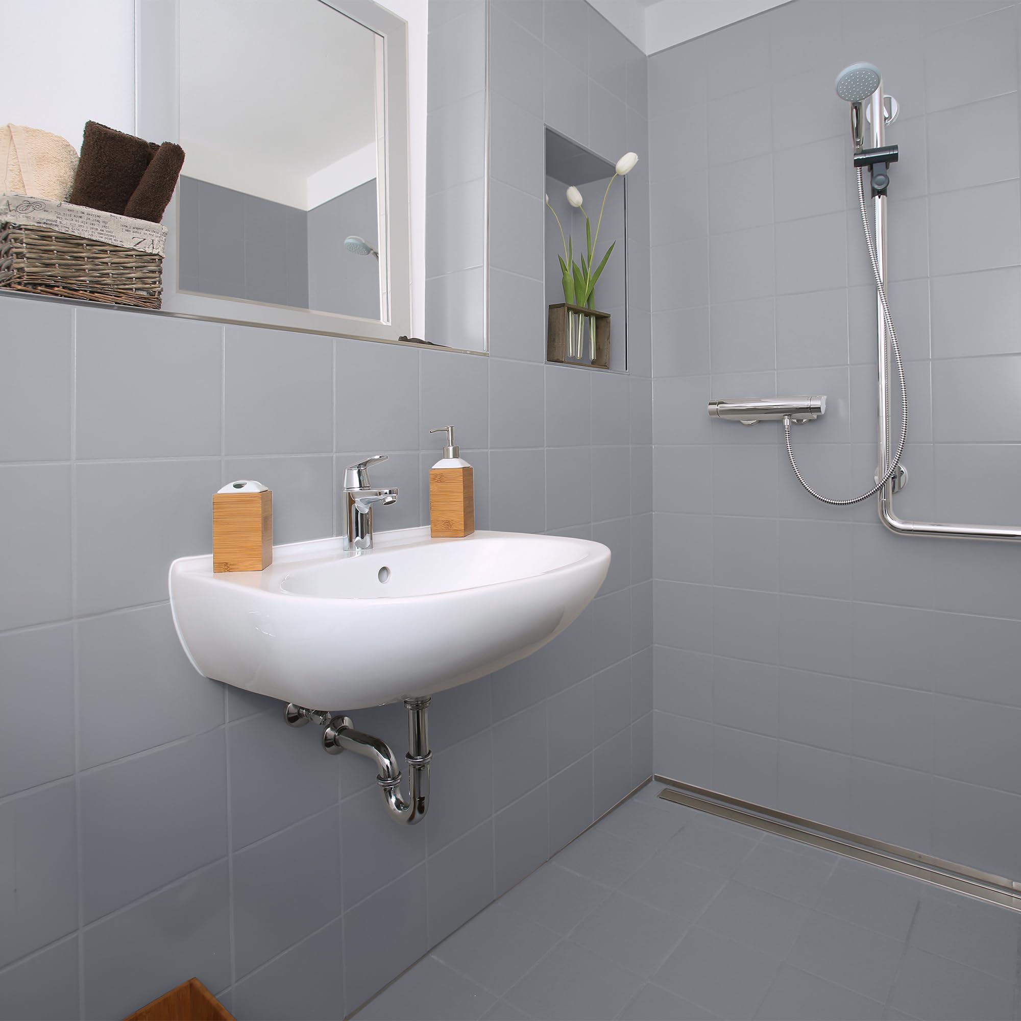 EPODEX 2K Fliesenfarbe Badezimmer & Küche mit Zubehör - Platingrau Pastell | Hochwertige Farbe für Wand- und Bodenfliesen, wasserfester & abriebfester Fliesenlack, 1,8kg - 7m² für 2 Anstriche