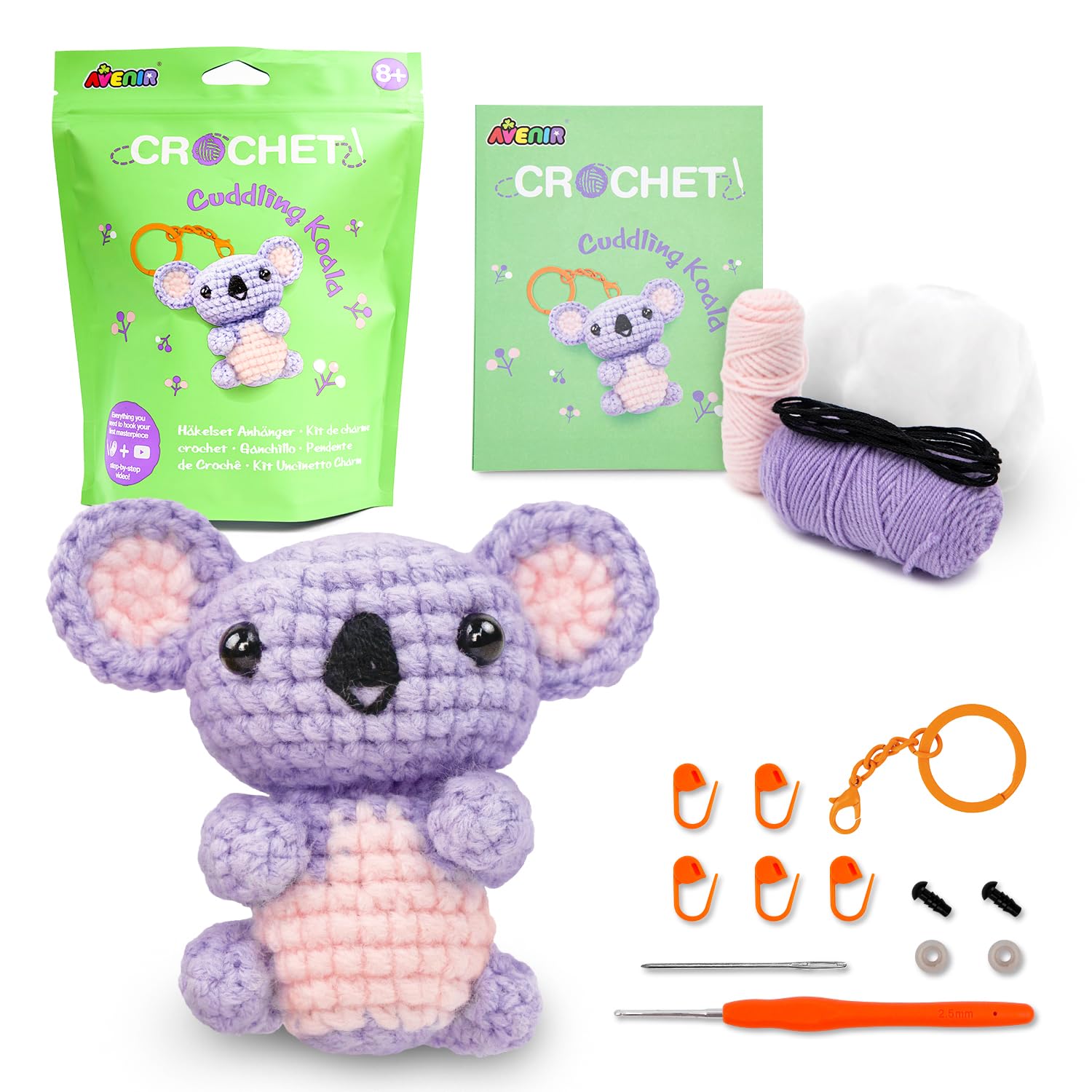 Avenir Beginner Crochet Kit – Cuddling Koala Bag Charm | Crochet Kit for Beginners with Video Tutorials, Pre‑Started Yarn & Full Supplies | Cute Crochet Animal Craft Gifts