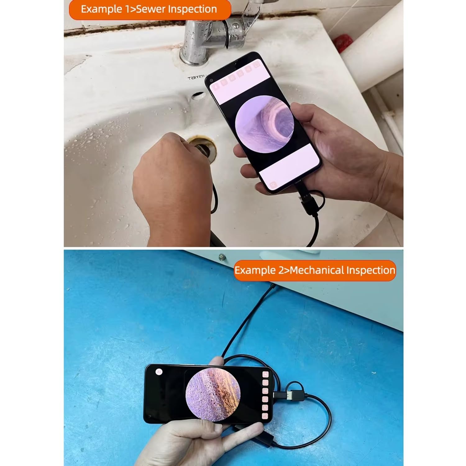 Telecamera Endoscopica 3 in 1 per Tubi, Endoscopio Impermeabile IP67 con 6 LED E Cavo Semirigido per Tubi di Scarico, Manutenzione Auto(10M)