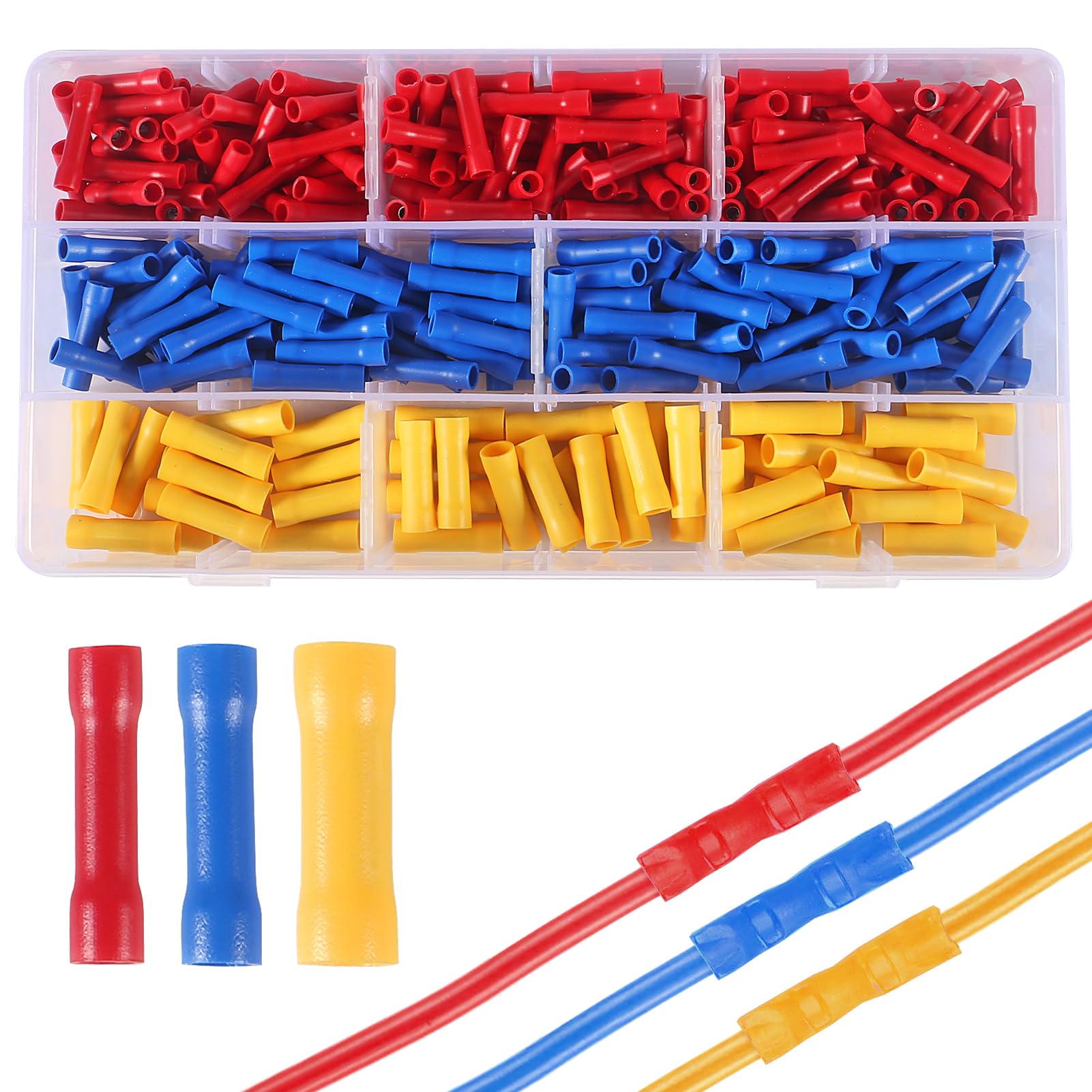 JUZITAO 300PCS Butt Splice Crimp Connectors Insulated Electrical Straight Wire Terminal Connectors 10-22AWG Assorted Butt Splice Terminals, Yellow/