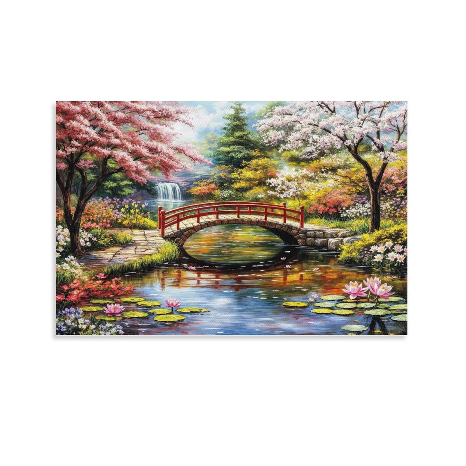 CPLVKWRQJ Spring Garden Bridge Single Red Arched Bridge Cherry Blossom Pond Scene Canvas Wall Art - Birthday Gift Office Canvas Print Fade Resistant Wall Decor 24x36inch(60x90cm)