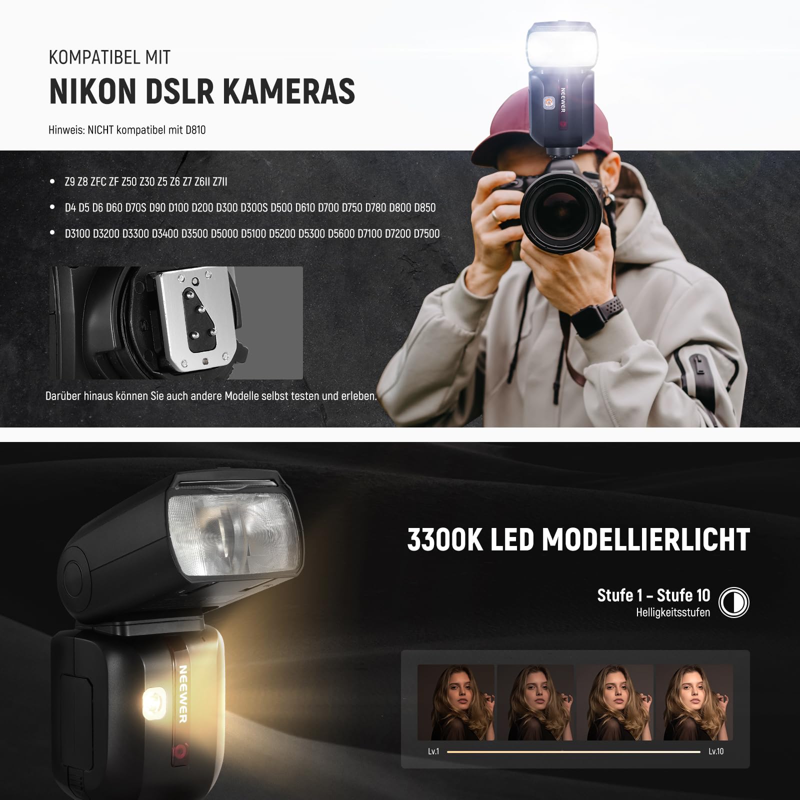 NEEWER Z880-N Blitz Speedlite 2,4G i-TTL Flash Kamerablitz für Nikon, Upgraded UI, Modellierlampe, TTL/M Schnellschalter TCM Taste, 76W Speedlight 1/8000s HSS 7,4V/2600mAh Akku 480 Vollleistungs Blitz
