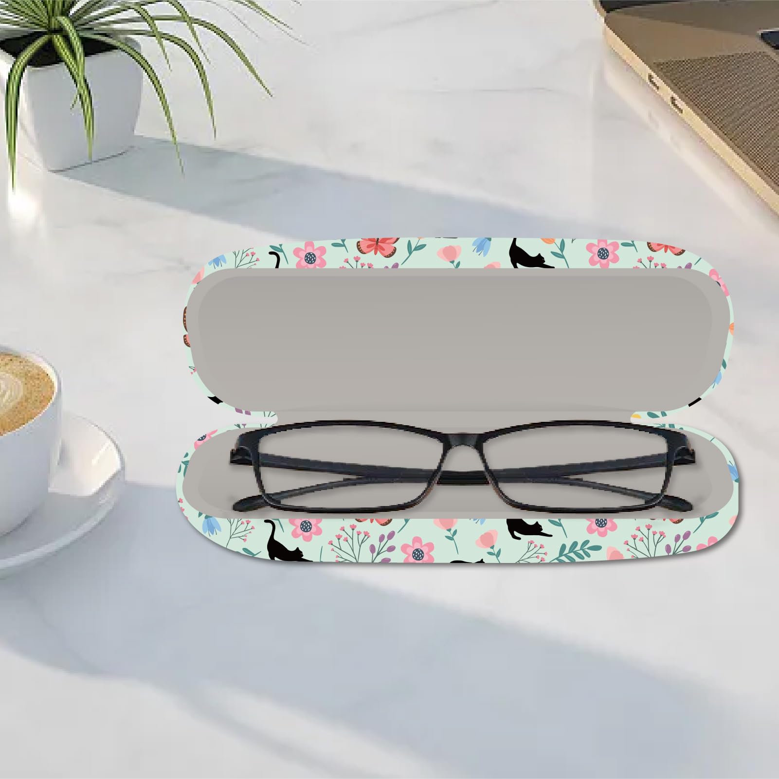 CREATCABIN Étui Lunettes Rigide Chat Noir Fleurs - Housse Protection Cuir PU Avec Chiffon