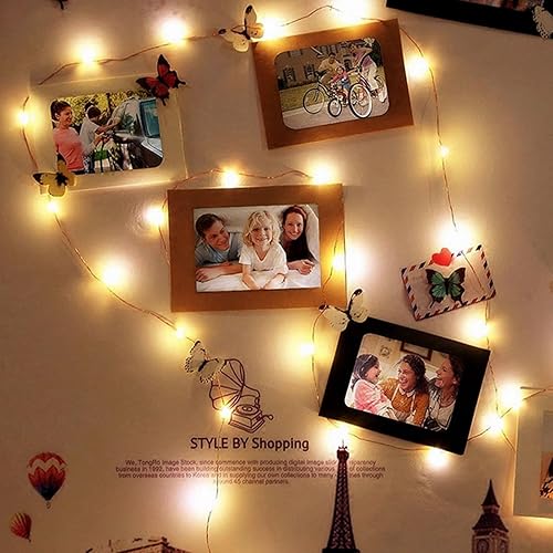 Miniatura 6 de Guirnalda de luces LED de color blanco cálido, funciona con pilas, impermeable, alambre de cobre plateado, 7 pies, 20 luces LED de luna estrellada