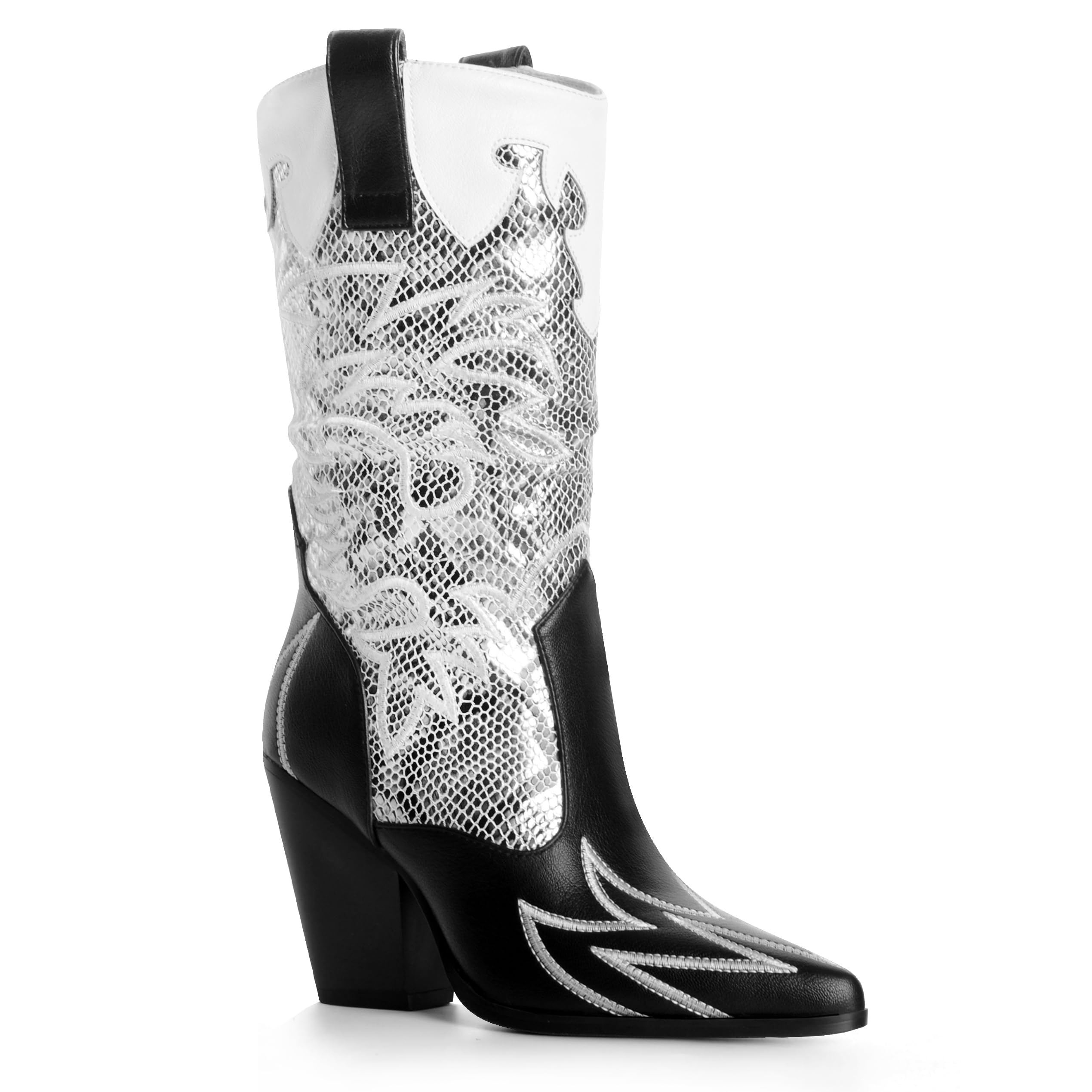 ANN CREEK Women's Cowboy Boots Cowgirl Mid Calf Knee-high Boots Contrast Embroidery Pointed Toe Chunky Heel Western Wide Calf