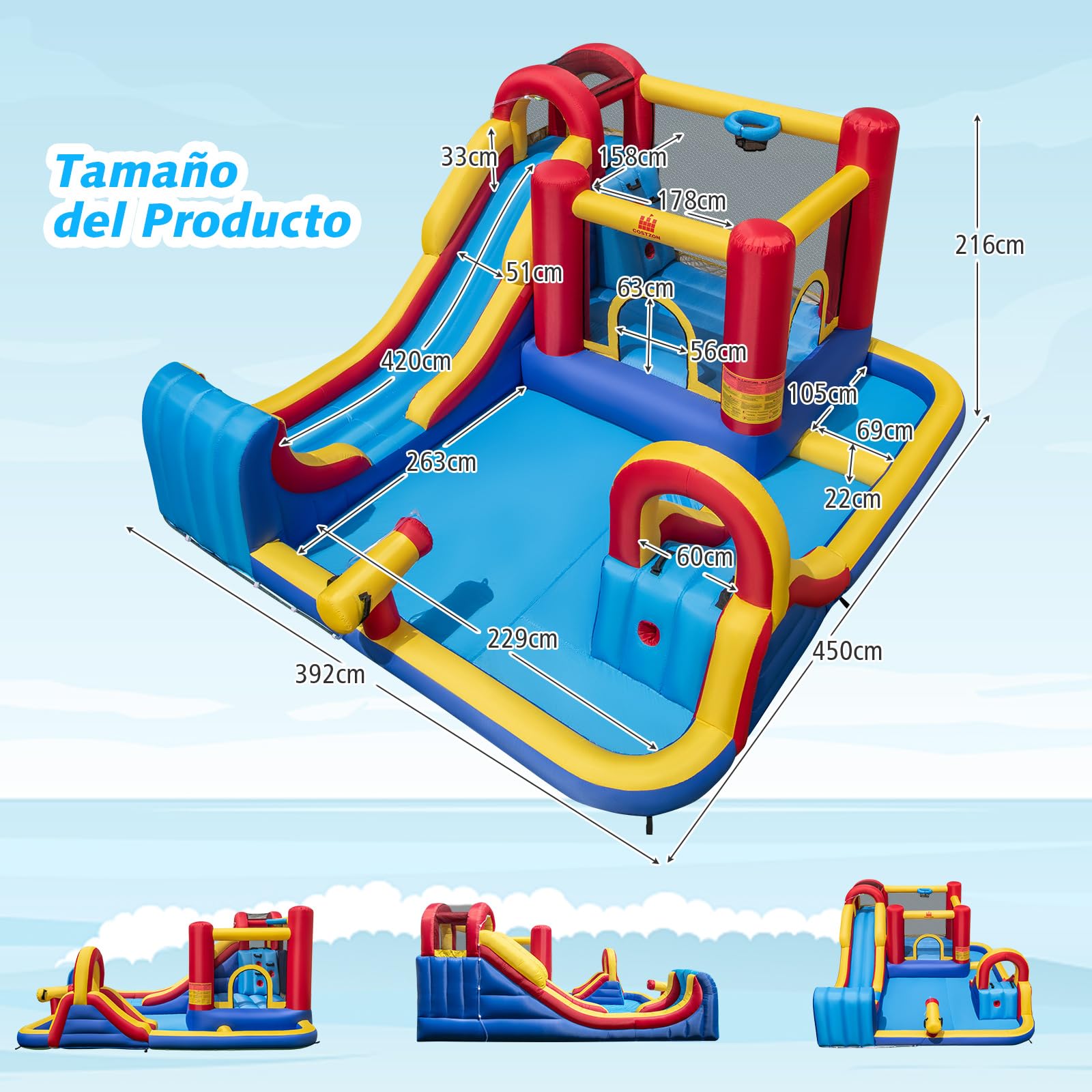 COSTWAY Castillo Hinchable Grande, Parque Acuático Infantil con Doble Tobogán, 2 Piscinas, Área de Salto y Aro de Baloncesto, 450 x 392 x 216 cm, para Jardín Patio, Multicolor (sin Soplador)
