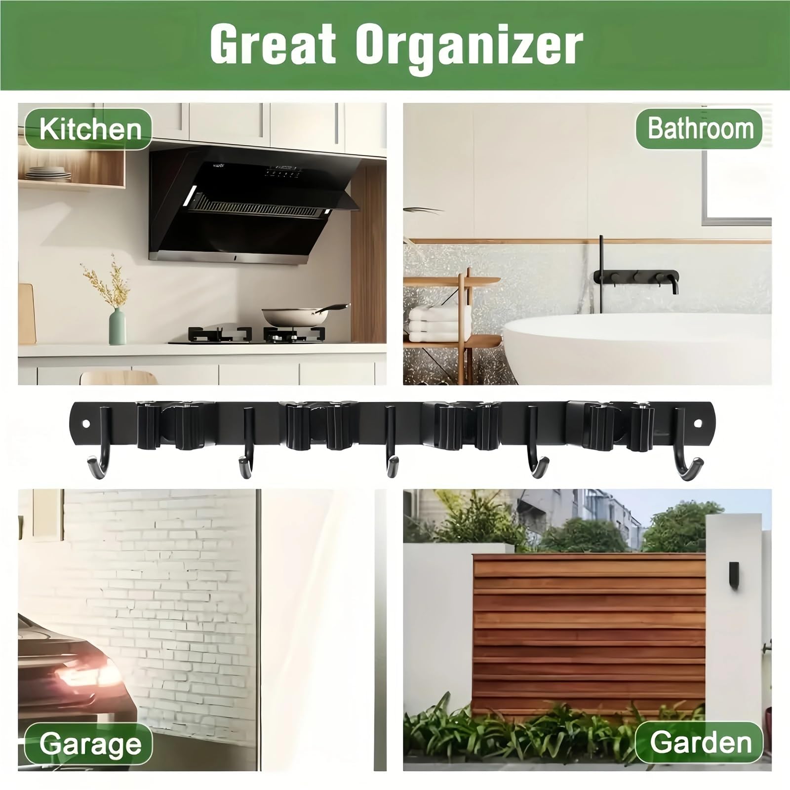 Porta Scope Parete 1 portautensili in metallo resistente con 4 slot e 5 ganci for attrezzi da giardino, spazzolone deposito for attrezzature garage, nero per cucina