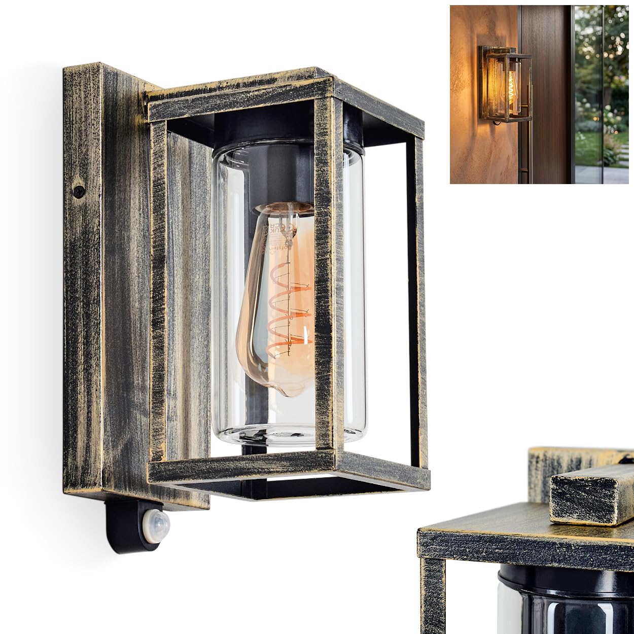 HOFSTEIN Außenwandleuchte Portalis, Außenleuchte mit Bewegungsmelder aus Metall/Glas in Schwarz-Gold/Klar, moderne Wandlampe für Eingangsbereich, 1 x E27, ohne Leuchtmittel, IP44