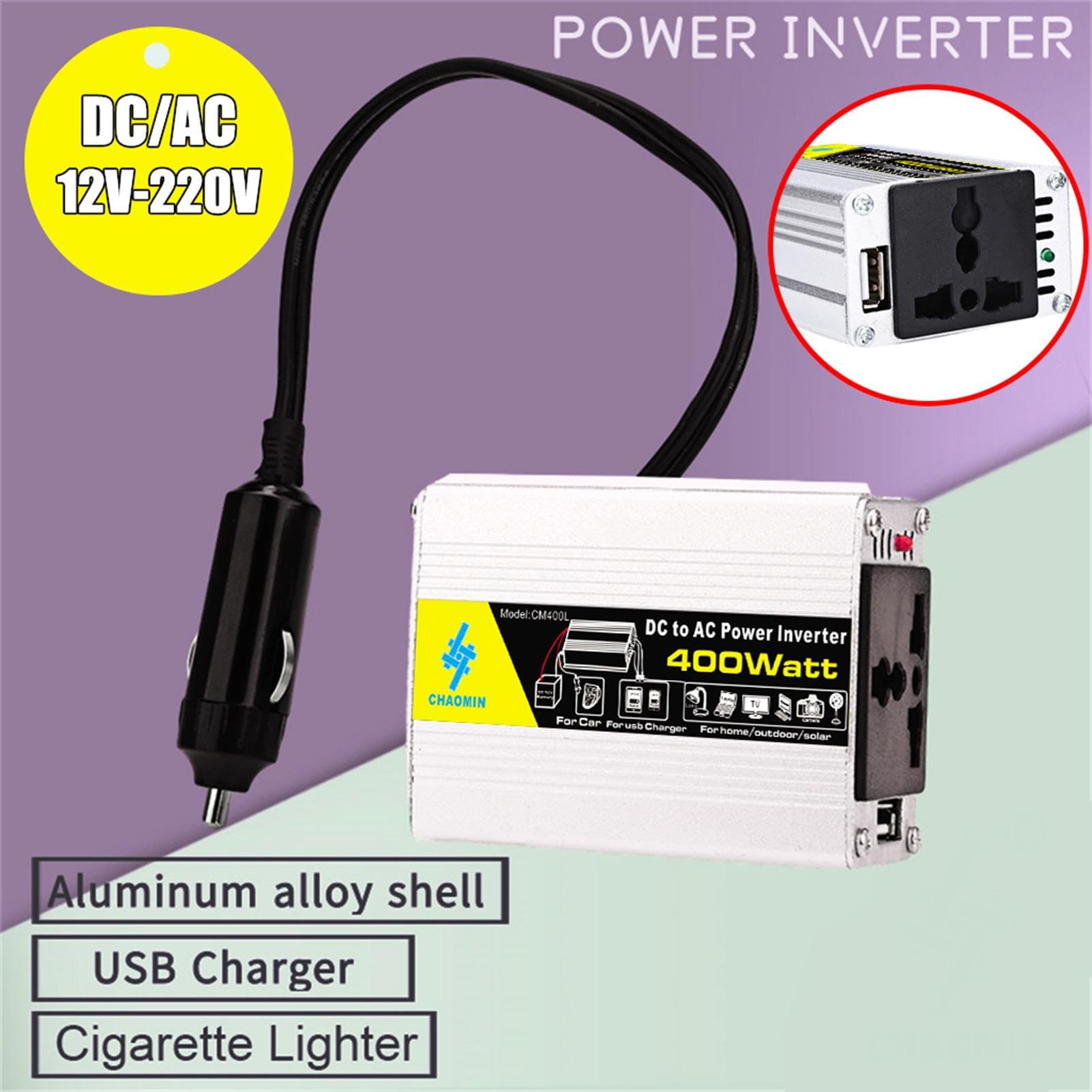 Sine Waves Inverter - da 12 V DC a 220 V AC Pure Sine Power Converter, Inverter da 400 W | Convertitore per auto con clip per batterie, inverter di alimentazione portatile per casa, campeggio,