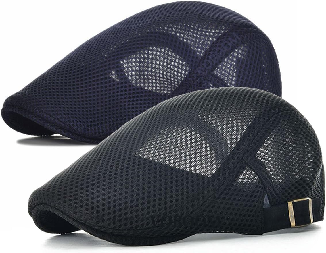 2 Pack Men's Mesh Cap Breathable Summer Newsboy Hat Adjustable Duckbill Ivy Gatsby Cabbie Driving Hat