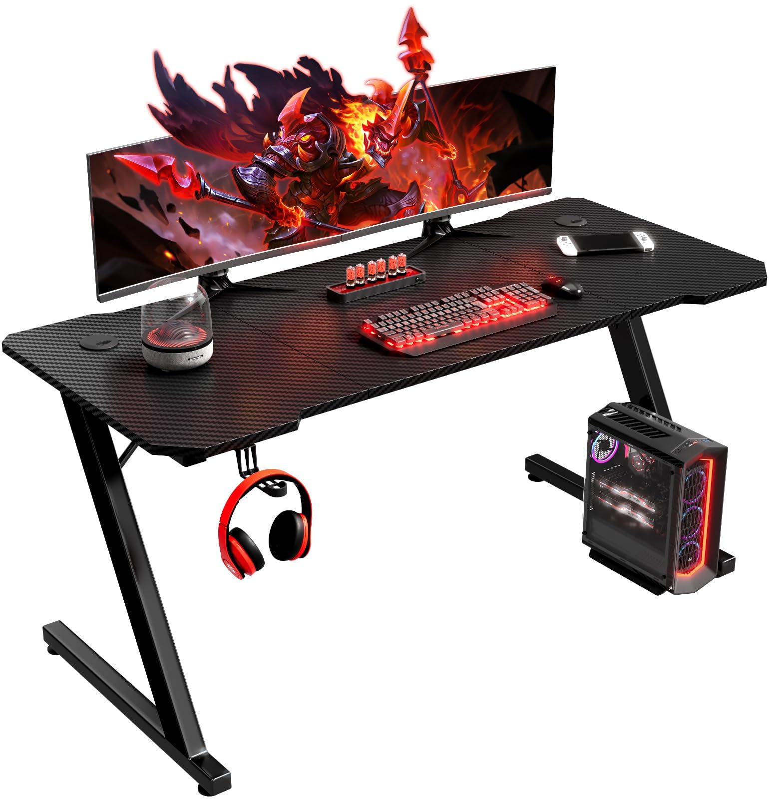 Homall Gaming Tisch 120 x 60 cm, Z-Frame Gamer Schreibtisch mit Kopfhörerhaken & Getränkehalter, Kohlebeschichtung Ergonomischer PC Computertisch, Stabiler Tisch