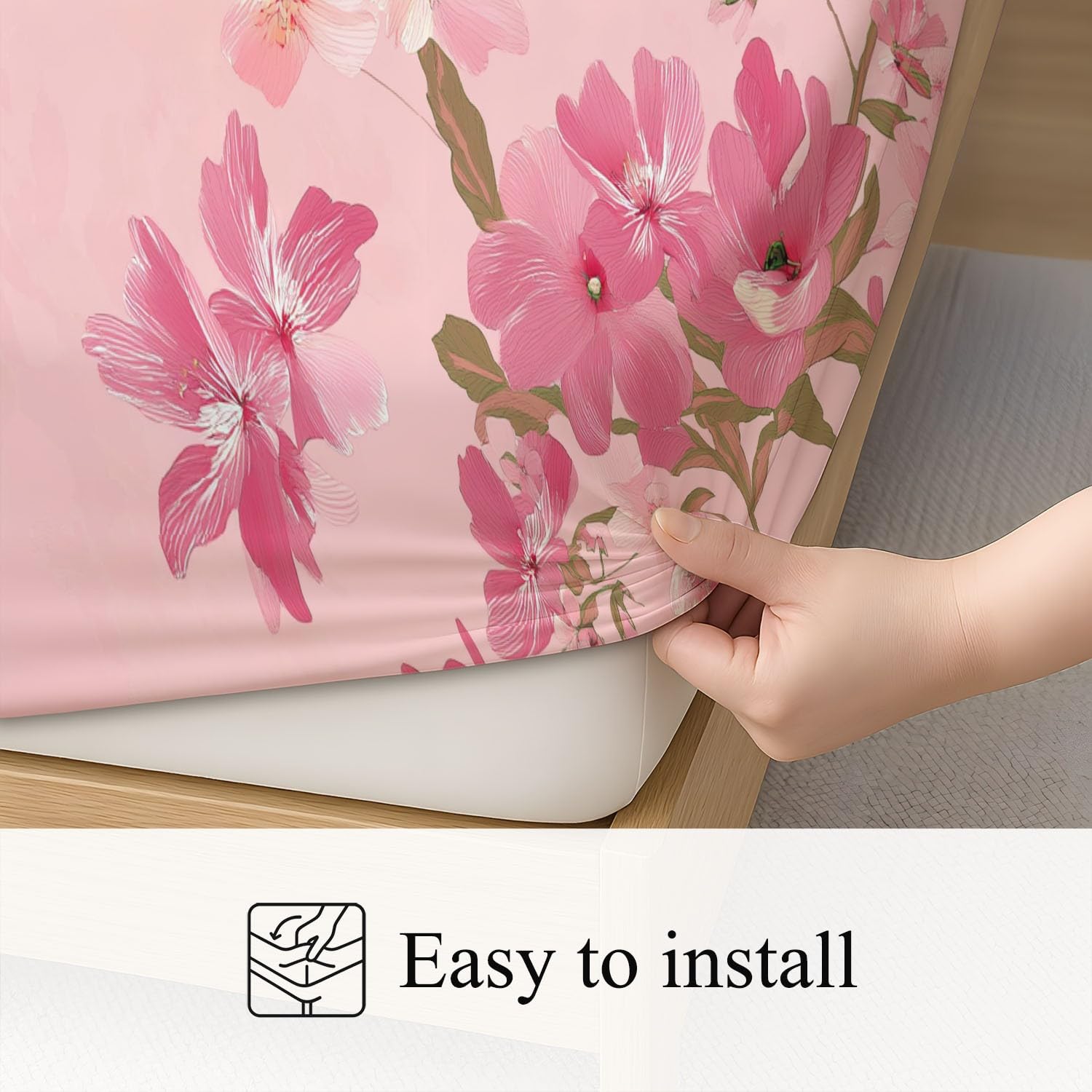 Sabana Bajera 200 x 200 cm 3 Piezas + 2 Fundas 50 x 75 cm, Se Adapta a Colchones de hasta 30 cm, Microfibra Suave, Transpirable, Antiarrugas, Rosa, Minimalista Elegante Floral