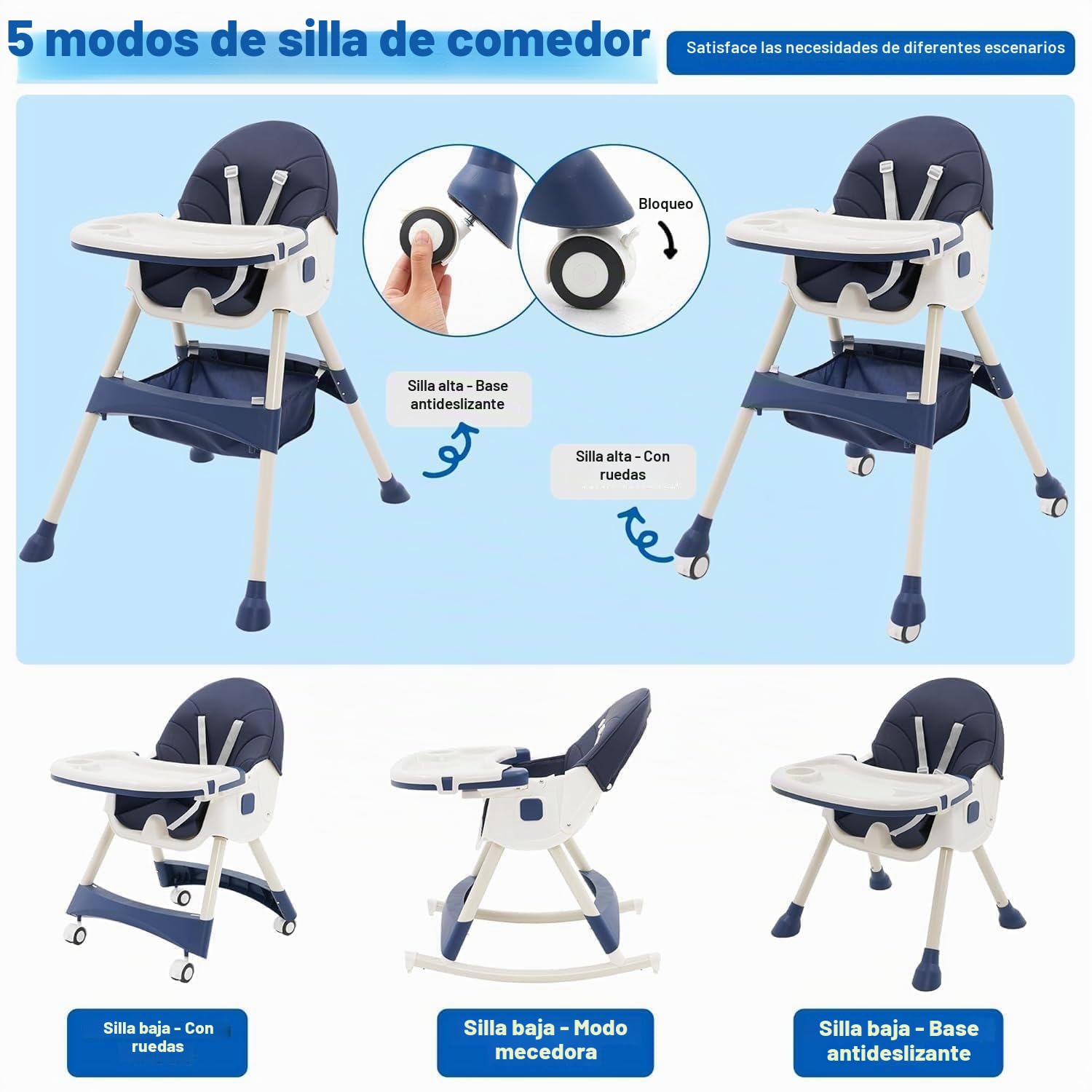 Trona Bebé Plegable 3 en 1, 3 Posiciones Reclinable con Doble Bandeja Extraíble y Ruedas, Asiento Reposapiés, Altura Regulable, 6+ Meses (Azul)