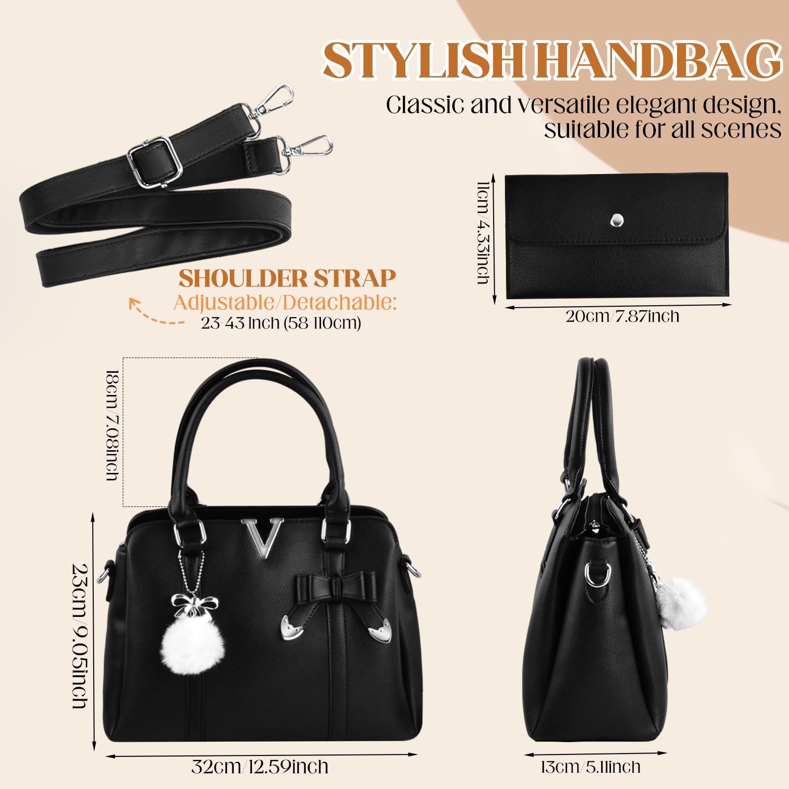 Sac à Main Femme,Sac a main noir,Sacs à Main Portés Main,Cuir PU,Cabas Femme Grand,avec portefeuille,Sac Fourre Tout,Multi Poche Plusieurs Compartiments,Pour Université Travail