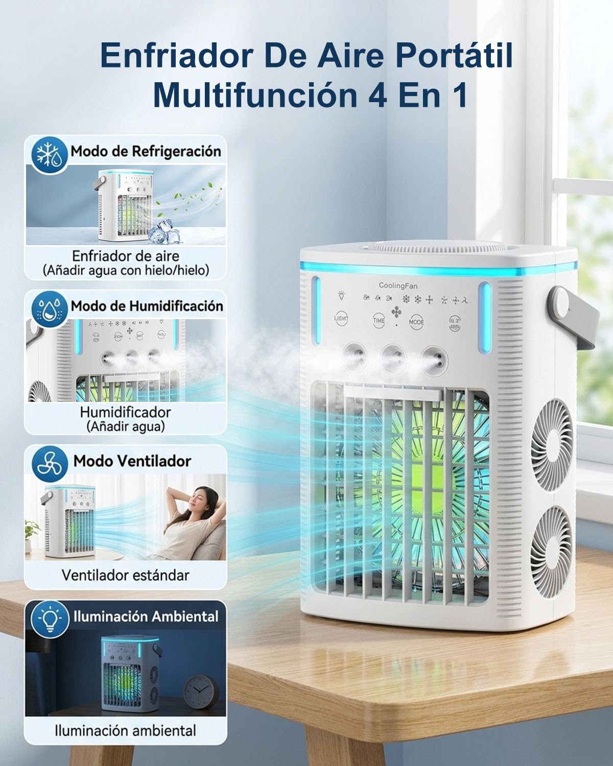 4-en-1 Mini Aire Acondicionado Portátil con Mando a Distancia, Enfriador de Aire de 1000ml con Temporizador 2-4-8H, Climatizador Silencioso con 3 Salidas de Niebla y 7 Luces LED para Dormitorio