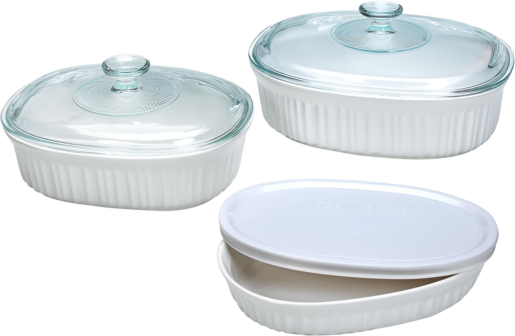 French White 6PCS OVAL DISH SET WITH GLASS LID AND PLASTIC COVER - 1117164 (1X6)