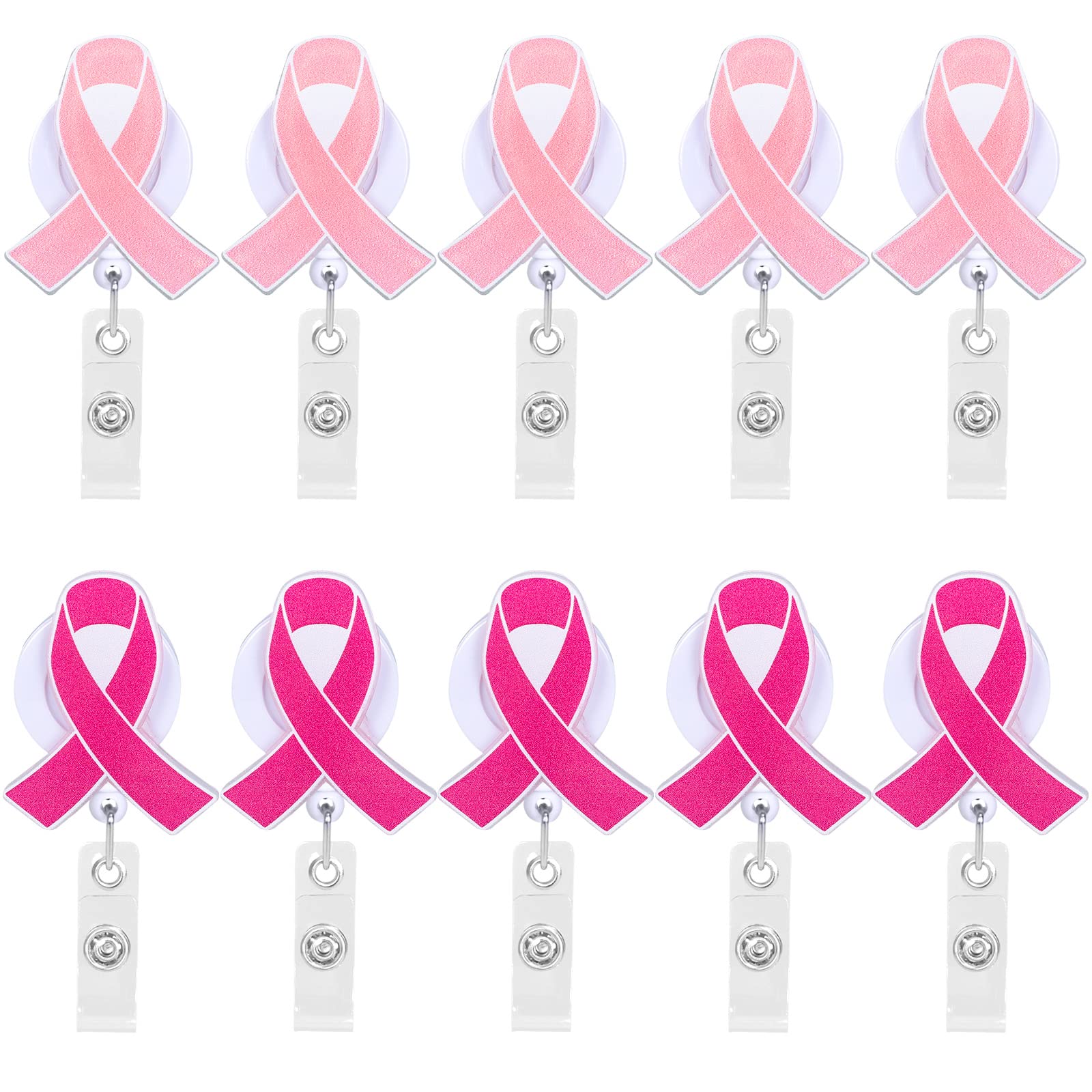 Whaline 10Pcs Breast Cancer Awareness Badge Reels Pink Ribbons Acrylic Badge Holders Retractable Id Badge Clip for Women Fighting and Conquering