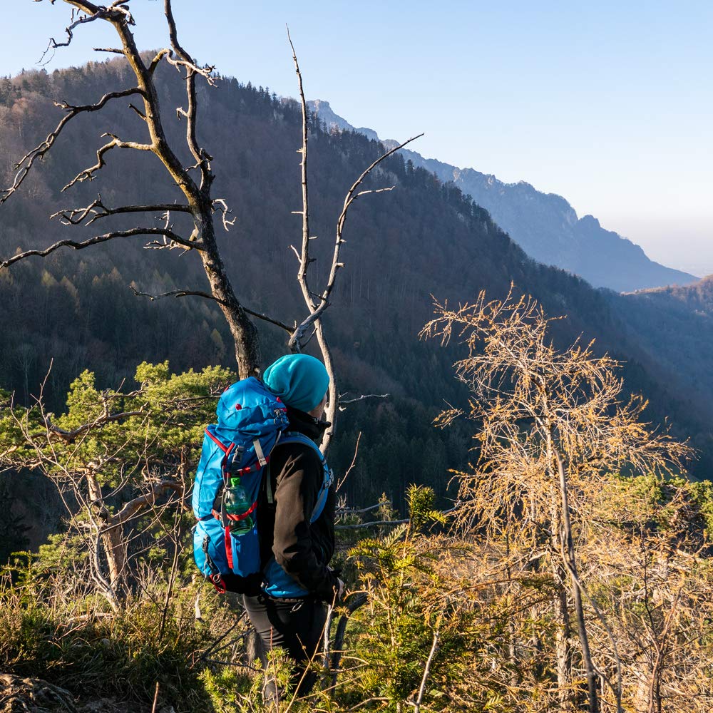 Camino Azul plecak trekkingowy, 40 l, z otworem z przodu i 3-kierunkowym dostępem, pokrowiec przeciwdeszczowy w zestawie, idealny do wędrówek, trekkingu lub jako plecak pielgrzymski,