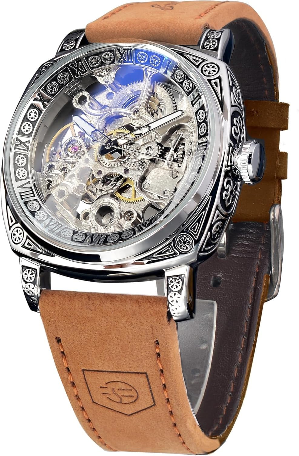Wuufake Wrist Watch for Men Black Numeral Dial Square Stainless Steel Retro Vintage Skeleton Automatic Self-Wind Leather Strap Timepiece, Multi-coloured