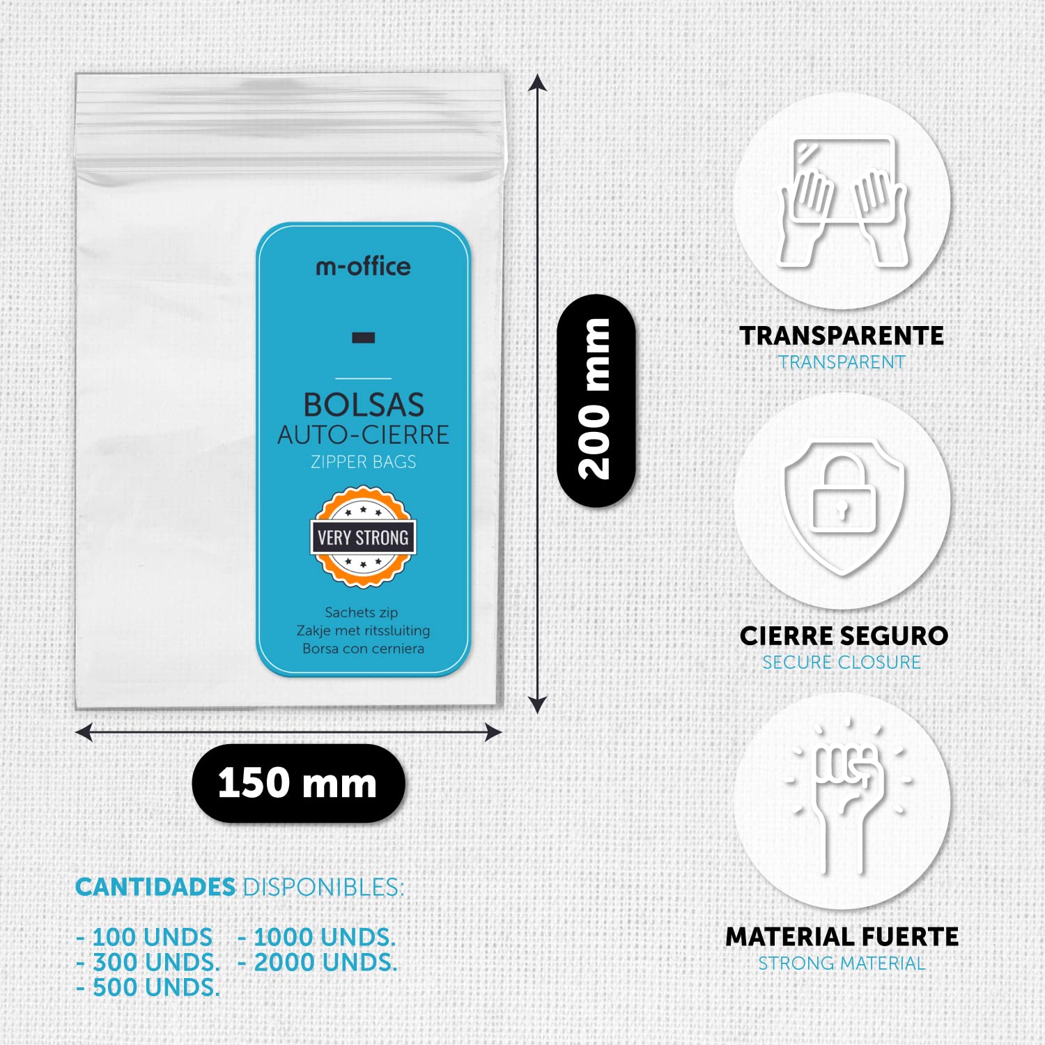 Bolsas con Cierre Hermético, Bolsas Zip de Plástico Transparentes Ideales para Congelar Alimentos, Guarda Documentos, Bolsas Reutilizables y de Conservación · m-office (150x200mm, 1000unds)
