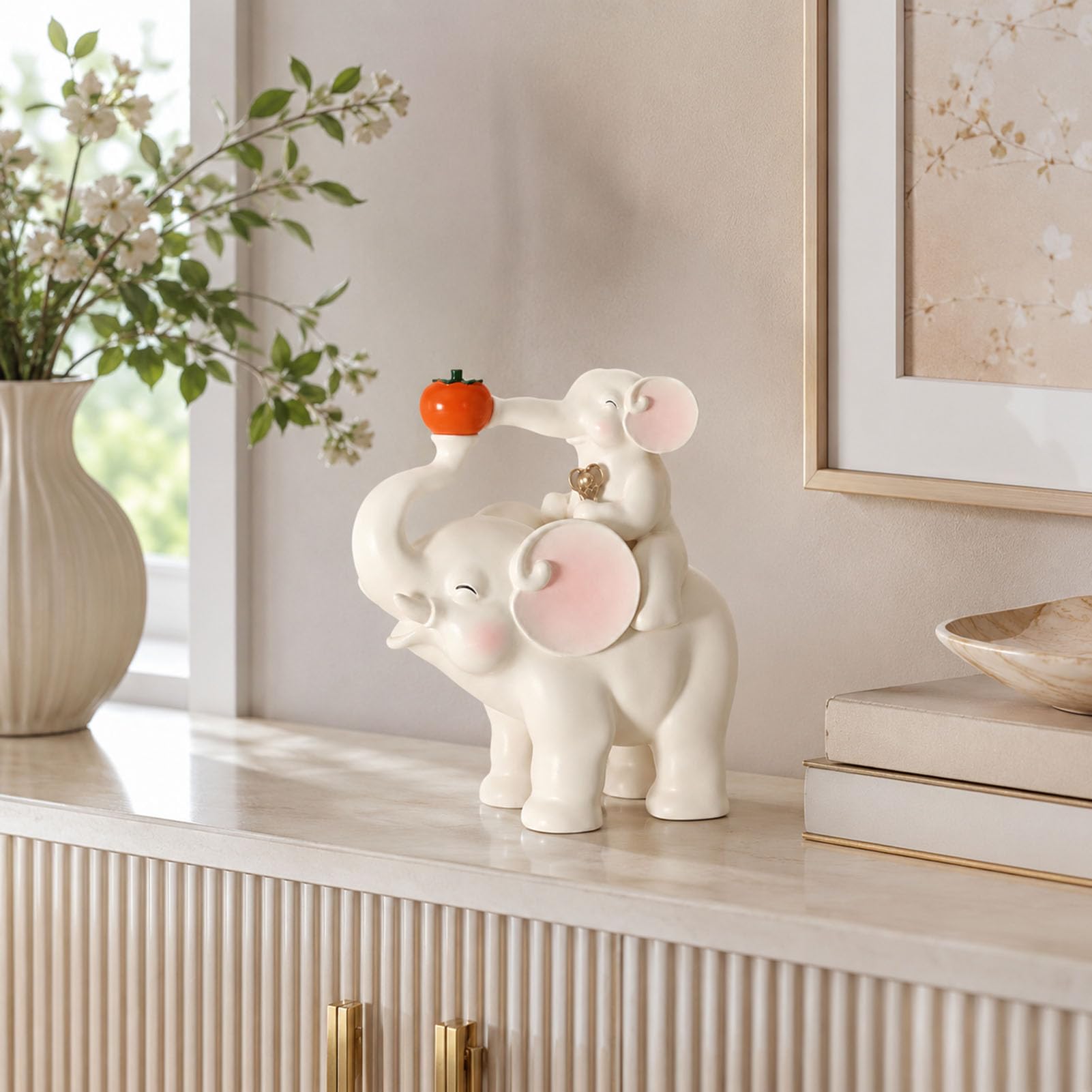 Elefantenfigur Mutter und Kind aus Kunstharz Beige Wohnzimmerdeko | Liebevolle Tierstatue Elefantenpaar Skulptur mit Geschenkbox Regal Sideboard Büro Schlafzimmer Einzug Geburtstag Sammler Haus