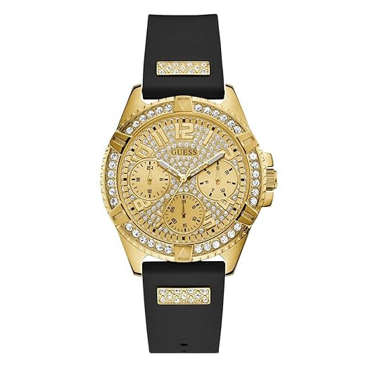 GUESS Gold-Tone Stainless Steel Crystal Encrusted Dial with Black Stain Resistant Silicone Watch
