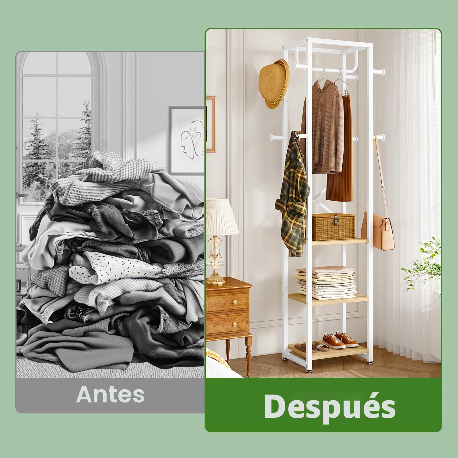 IBUYKE Perchero, Perchero independiente con 3 estantes y 8 ganchos, Perchero industrial de ropa para entrada, pasillo, dormitorio, 180 x 40 x 30 cm, color natural y blanco TMJ088R