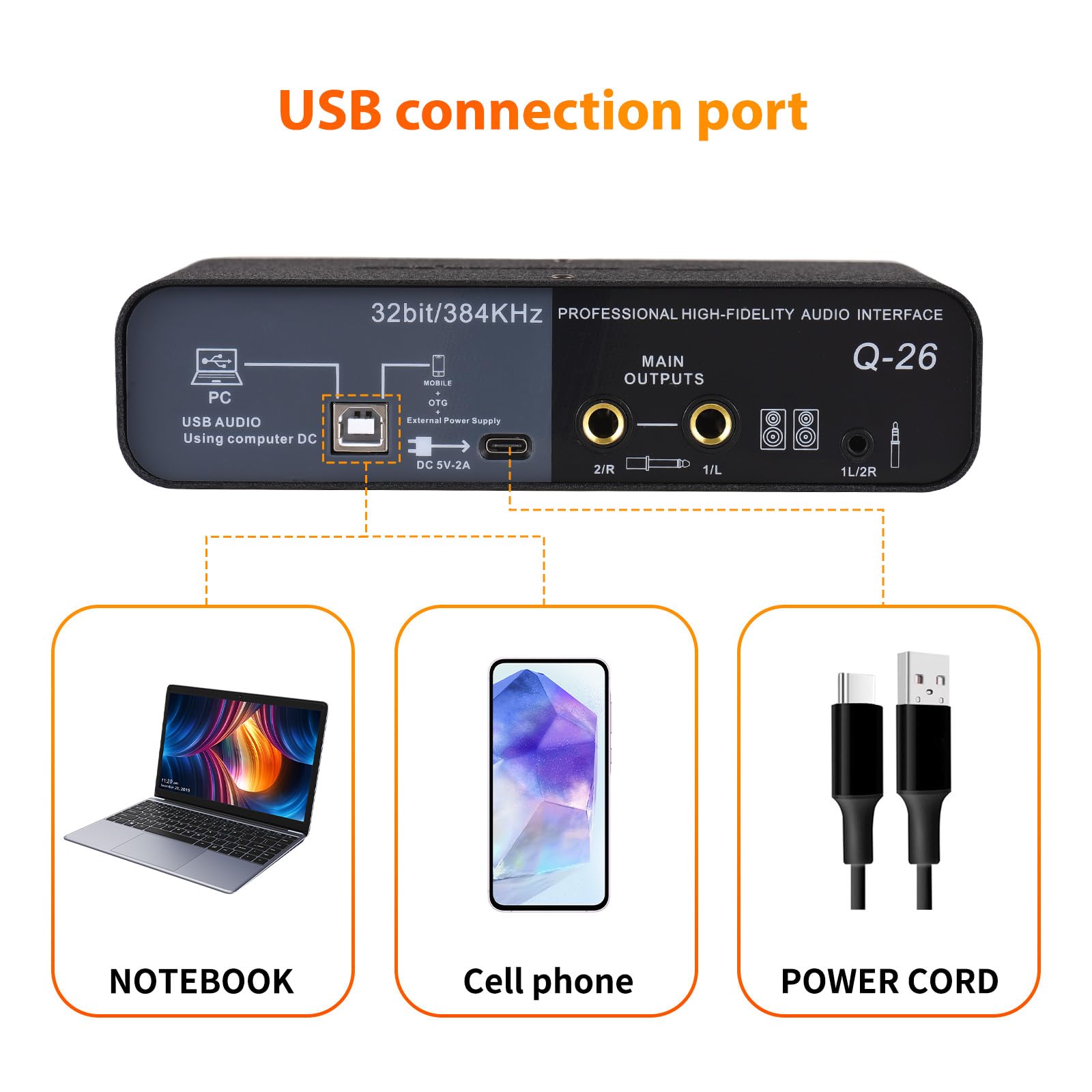 Interfaz de audio USB para grabación Tarjeta de sonido con doble XLR Alimentación de 48 V Efecto de reverberación Plug 384 KHz para transmisión de podcasts Vocalista de karaoke en línea
