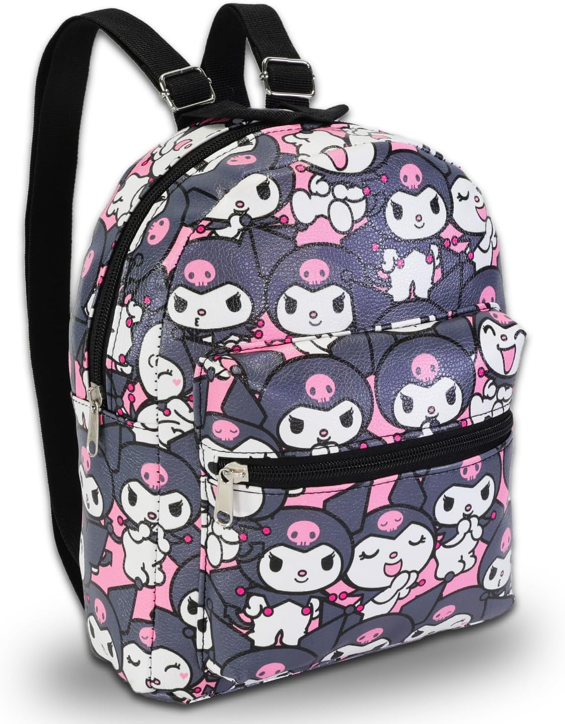 Kuromi Mini Backpack for Kids Set - 10” Faux Leather Kuromi Backpack with Front Pocket Plus Water Bottle | Sanrio Backpack Bundle for Girls
