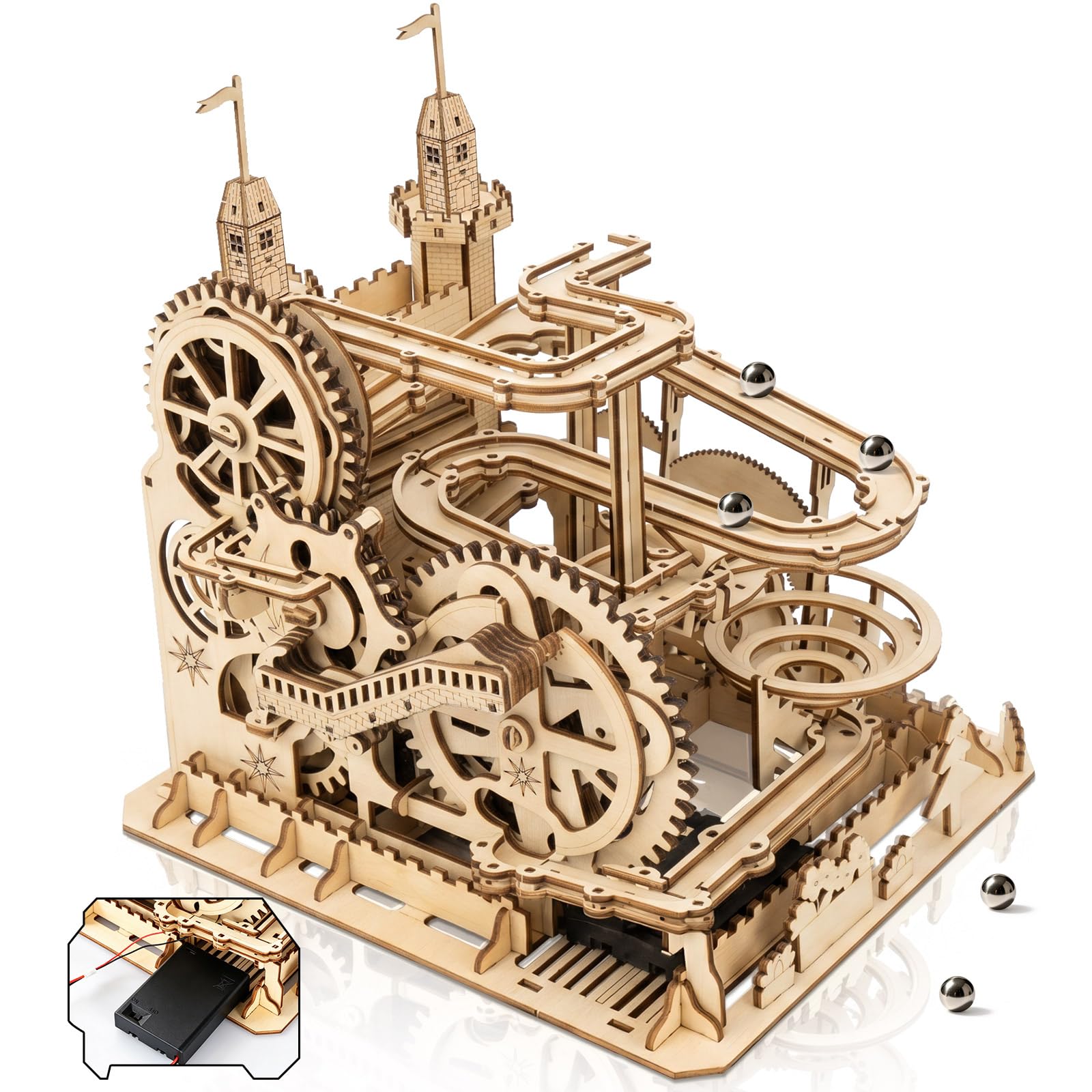 BELEEV Wooden Marble Run, Castle Track 3D Puzzle for Adults, Mechanical Building Model Kit with Electric Motor, 337PCS DIY Assembly Craft Gift for Teens Age 14+