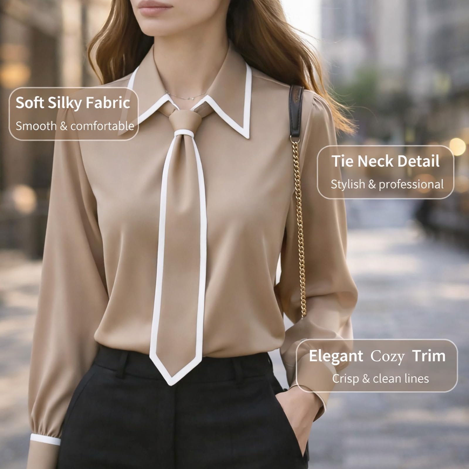 Camisa de manga larga con botones para mujer, elegante, delgada, para negocios, trabajo, blusa de satén con lazo en el cuello, elegante, informal, para la oficina