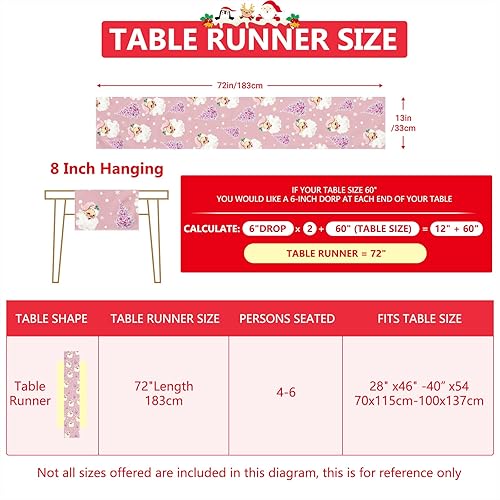 Miniatura 6 de Camino de mesa de Navidad de 13 x 72 pulgadas, lindo Papá Noel rosa para árbol de Navidad, camino de mesa de temporada de invierno, Navidad, cocina,