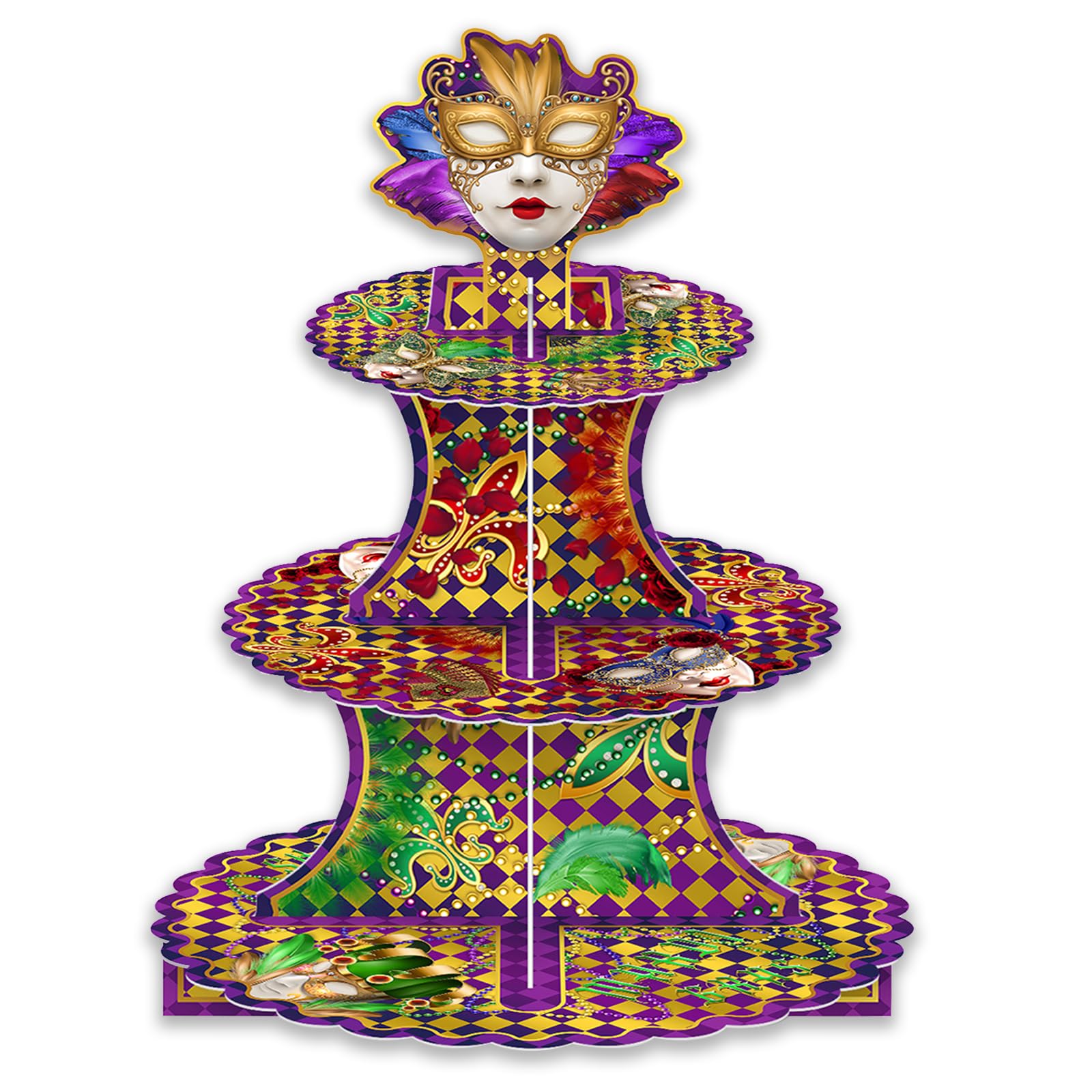 3 Tier Mardi Gras Cupcake Stand, Mardi Gras Dessert Tower Fat Tuesday New Orleands Party Decorations, Carnival Masquerade Party Supplies