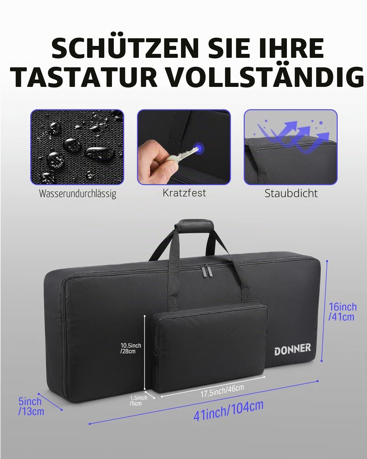 Donner Gigbag für 61-Tasten-Keyboards, tragbares Keyboard-Klavier-E-Piano-Case mit Reißverschlüssen und Tragegriff, wasserdicht, 10 mm gepolstert, 600D Oxford Nylon, 104 x 13 x 41 cm, Schwarz