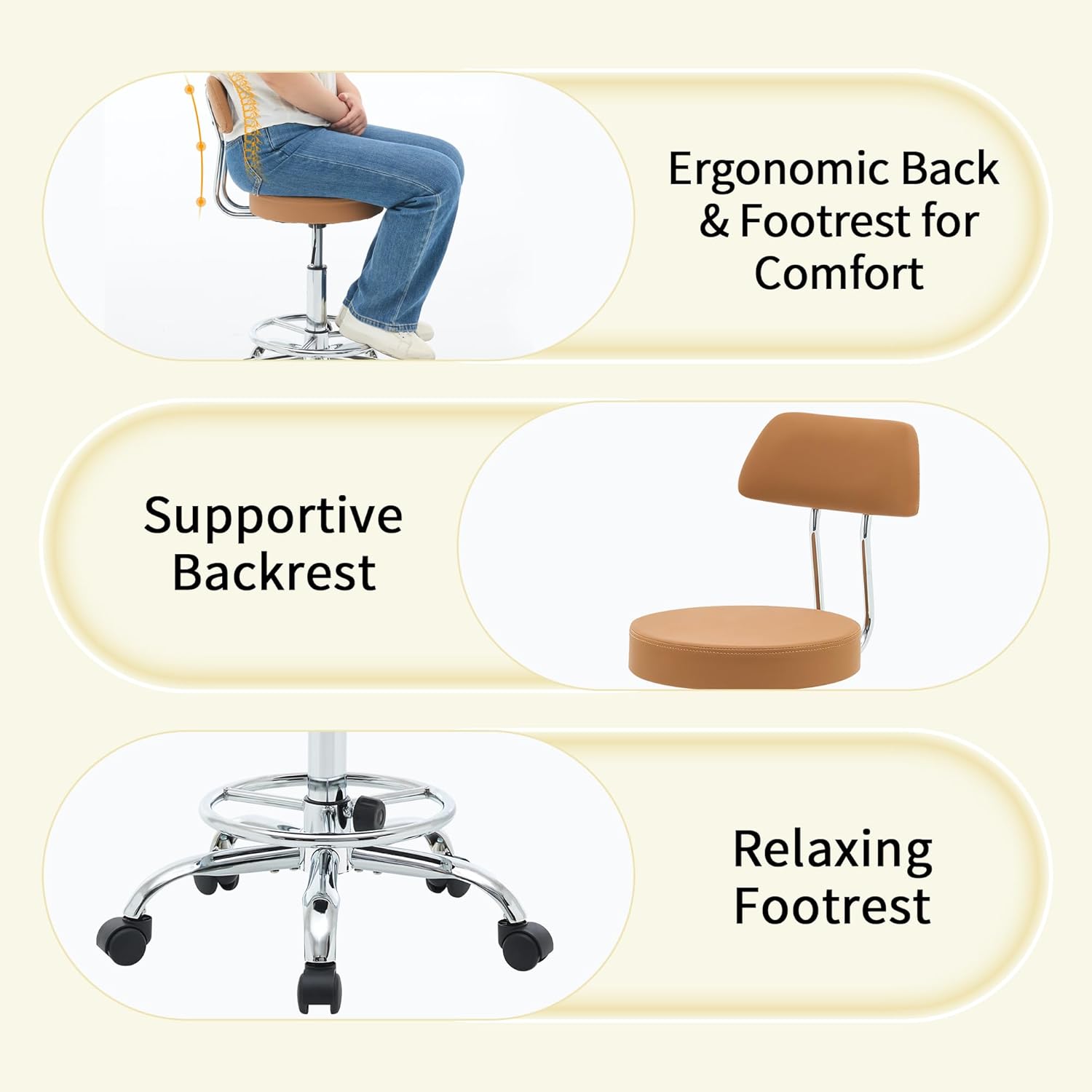 FIRAVOE Rolling Stool with Back, Adjustable Tattoo Rolling Chair 19.5"-26.6", Camel Brown Hairstylist Stool with Wheels (Camel Brown)