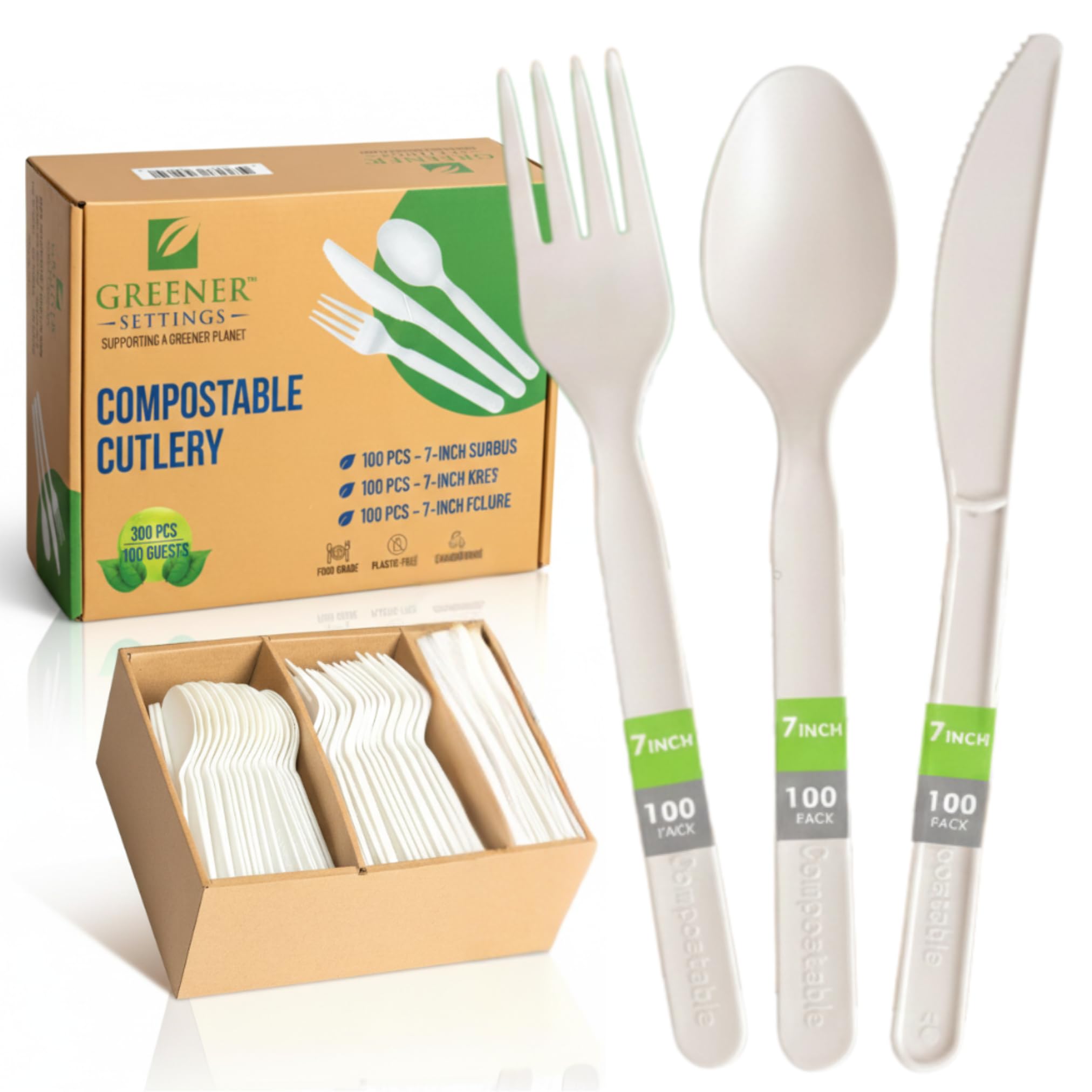 Juego de cubiertos 100% compostables, tenedores, cucharas, cuchillos, 300 utensilios desechables de 7 pulgadas, alternativa duradera resistente al calor a los cubiertos de plástico con práctica